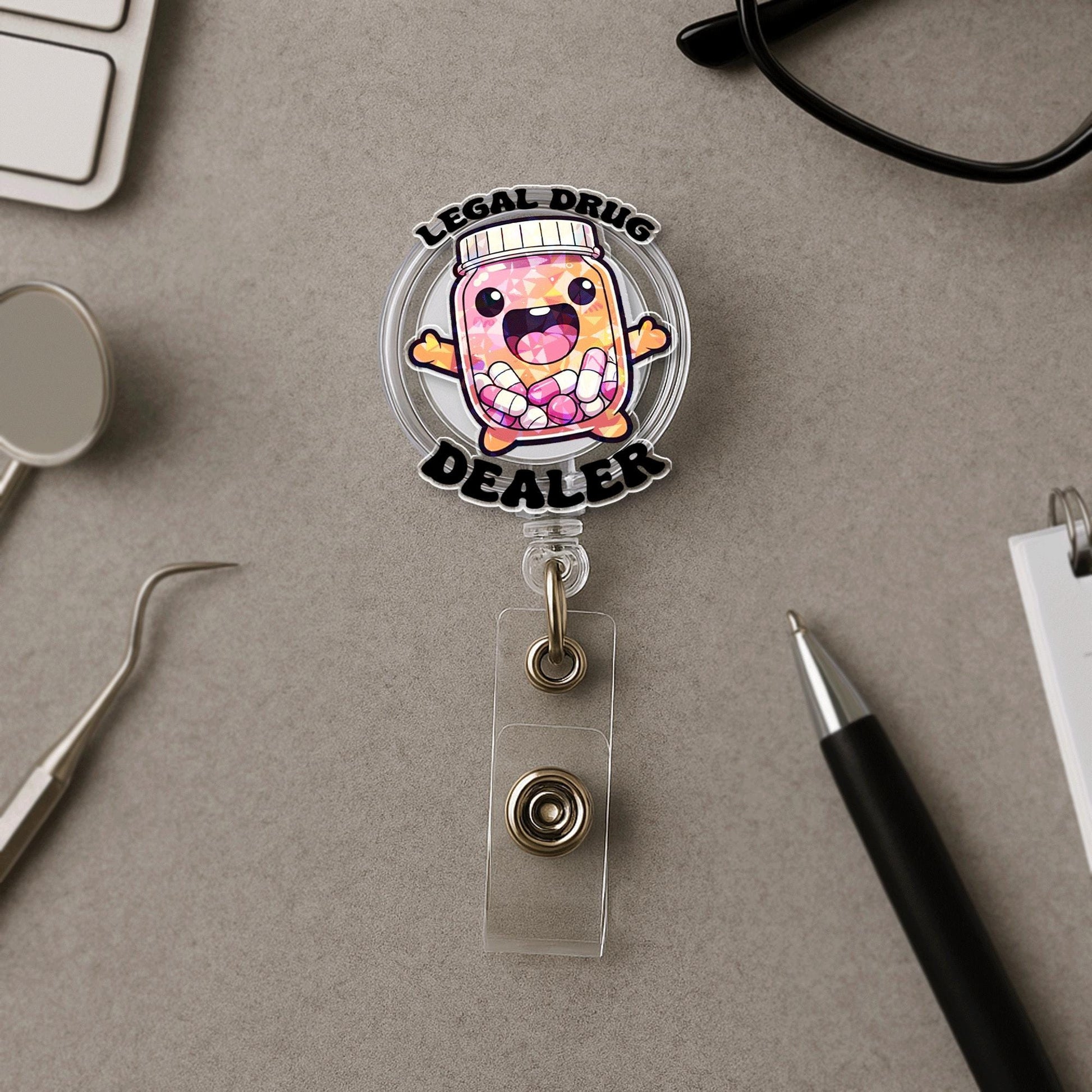 Funny "Legal Drug Dealer" Badge Reel – Cute Pill Bottle ID Holder for Pharmacists, Nurses, and Healthcare Workers Gift