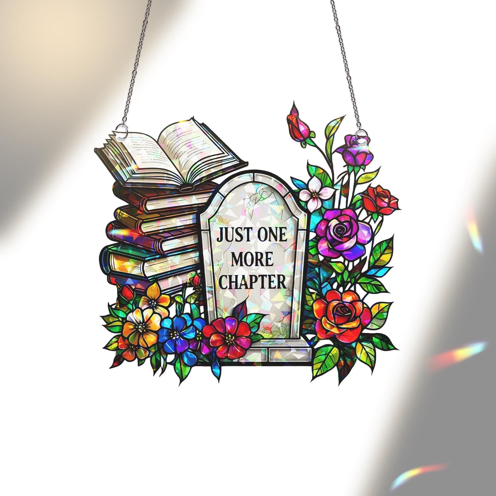 RIP Book Flower Hologram Acrylic Window Hanging – Gothic Floral Decor, Literary Sun Catcher, Book Lover Gift, Reading Nook Charm