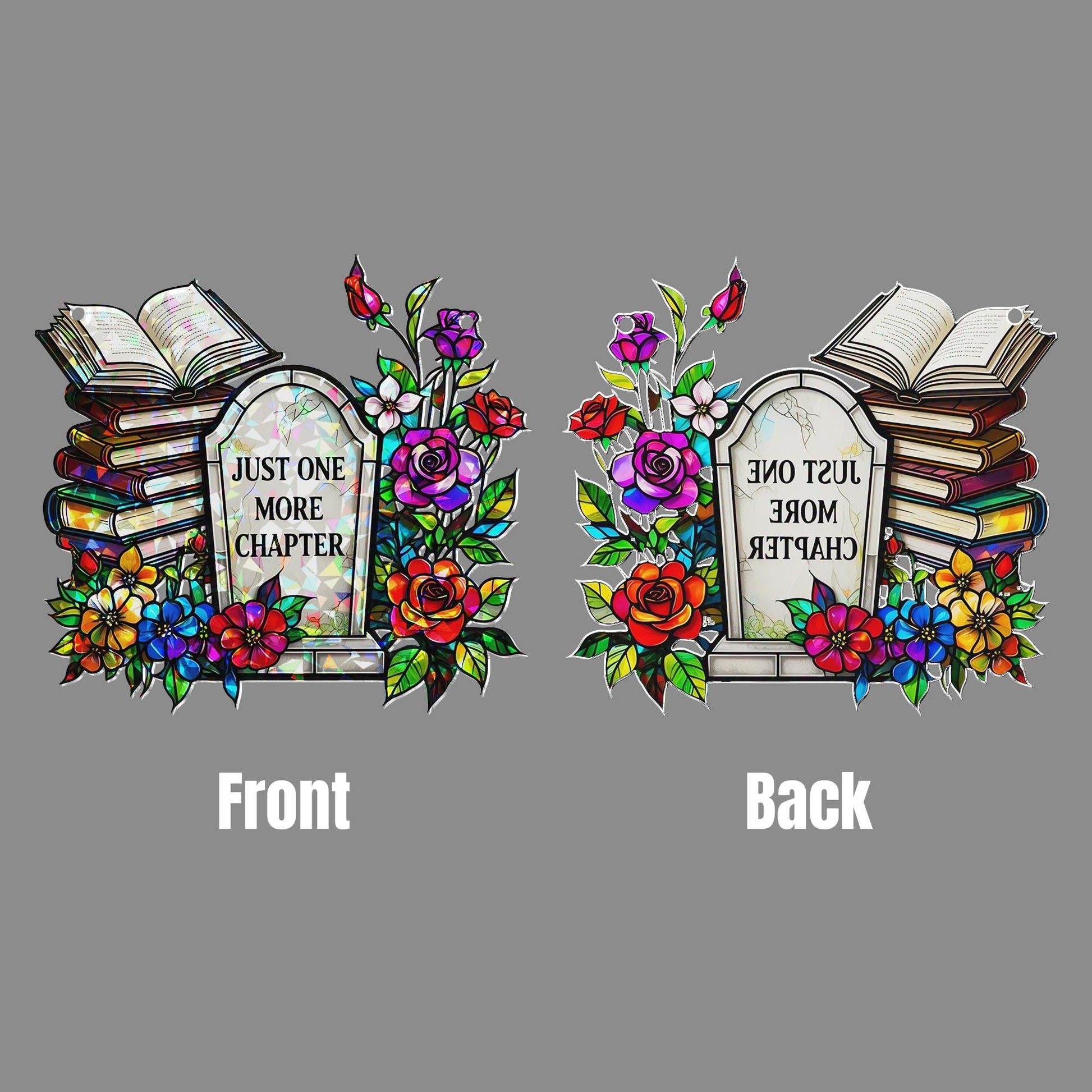 RIP Book Flower Hologram Acrylic Window Hanging – Gothic Floral Decor, Literary Sun Catcher, Book Lover Gift, Reading Nook Charm