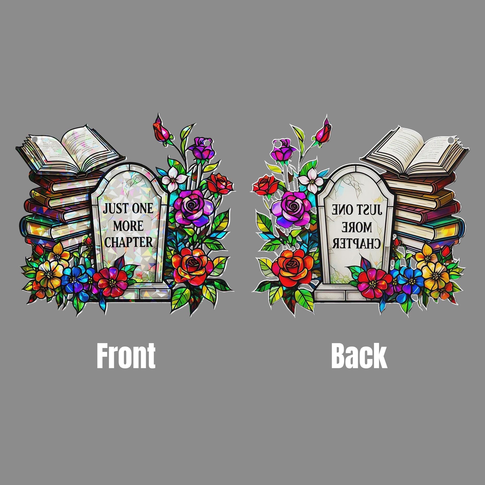 RIP Book Flower Hologram Acrylic Window Hanging – Gothic Floral Decor, Literary Sun Catcher, Book Lover Gift, Reading Nook Charm