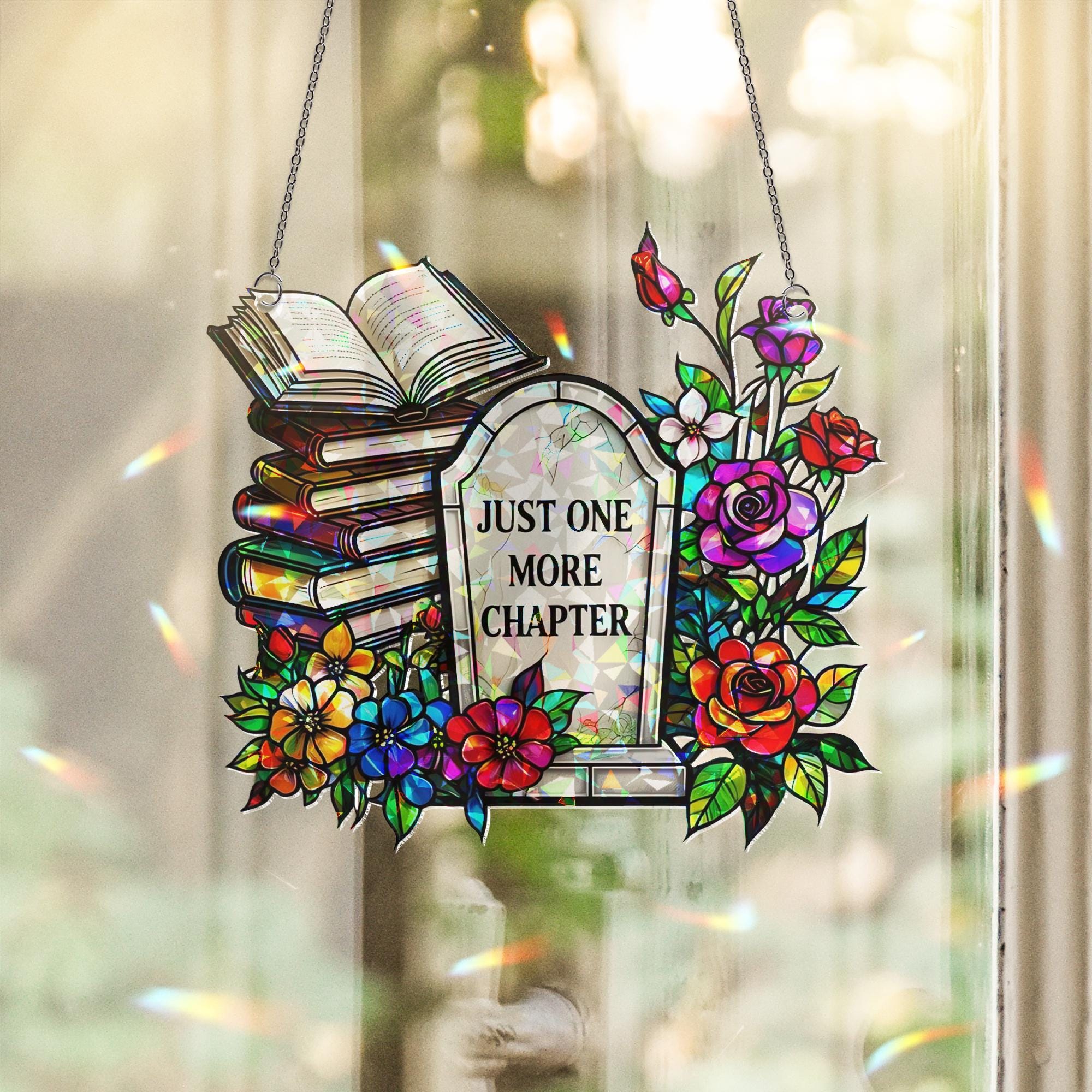 RIP Book Flower Hologram Acrylic Window Hanging – Gothic Floral Decor, Literary Sun Catcher, Book Lover Gift, Reading Nook Charm