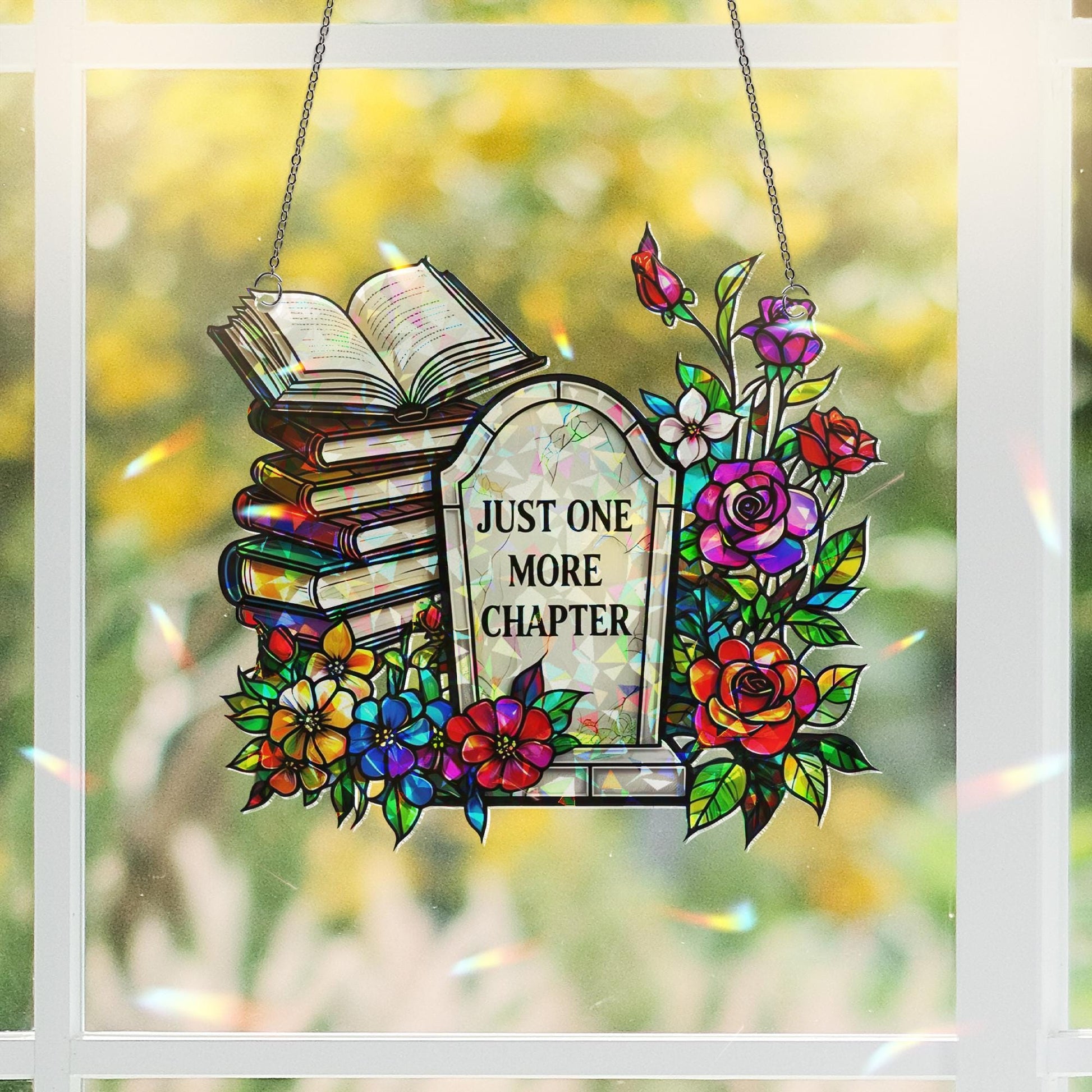RIP Book Flower Hologram Acrylic Window Hanging – Gothic Floral Decor, Literary Sun Catcher, Book Lover Gift, Reading Nook Charm