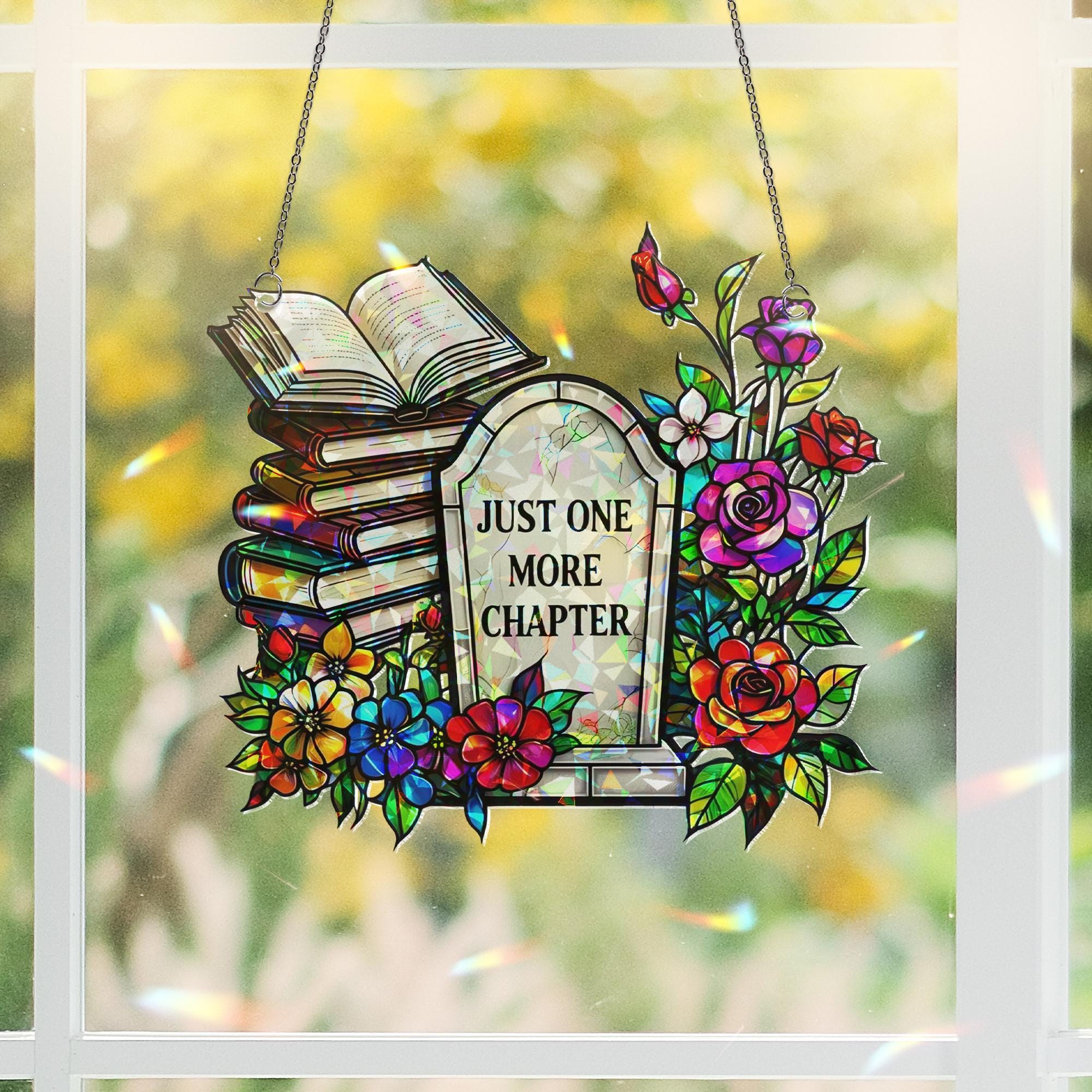 RIP Book Flower Hologram Acrylic Window Hanging – Gothic Floral Decor, Literary Sun Catcher, Book Lover Gift, Reading Nook Charm