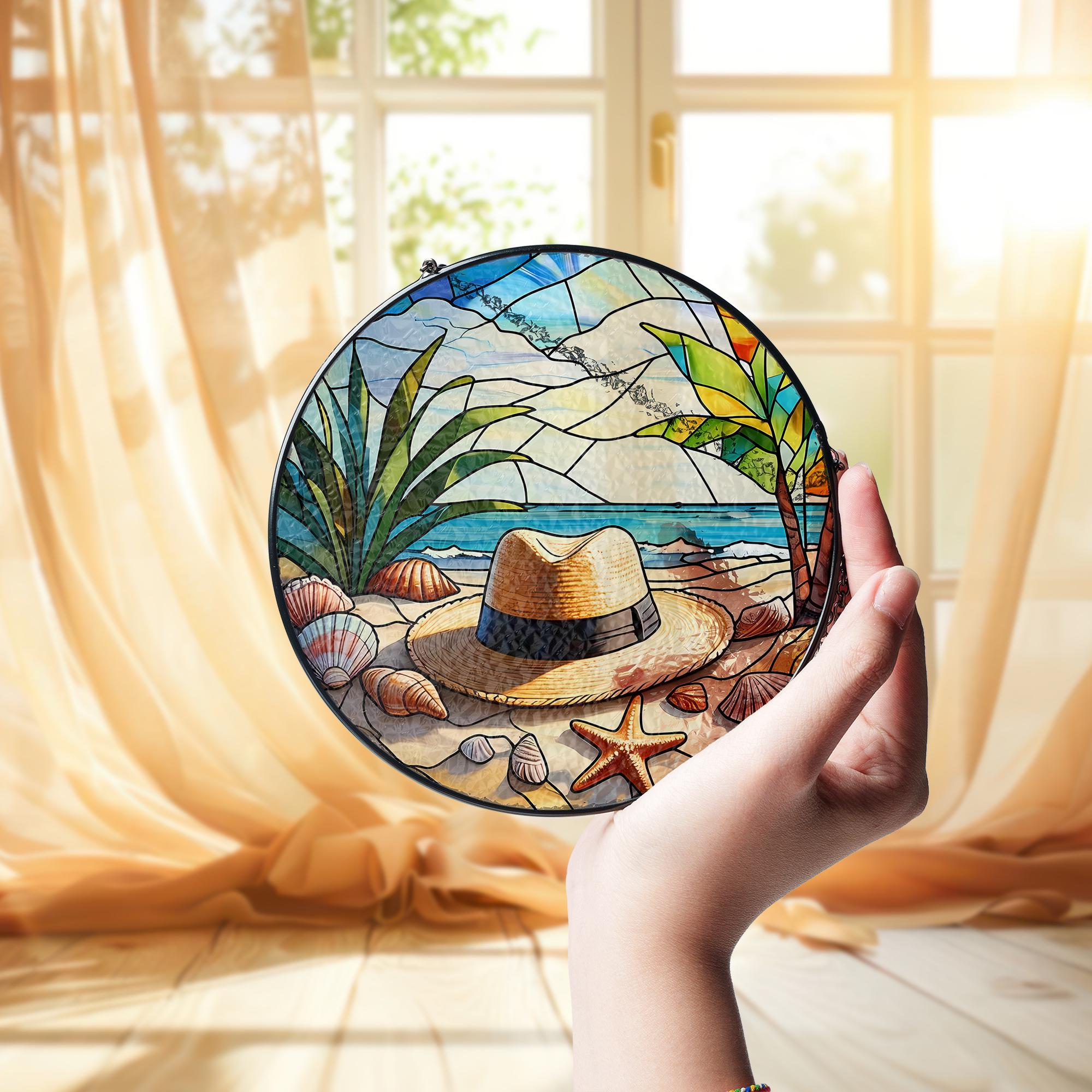 Beach Scene Glass Suncatcher, Tropical Ocean Window Hanging, Coastal Home Decor, Seashell & Palm Tree Art, Unique Summer Gift