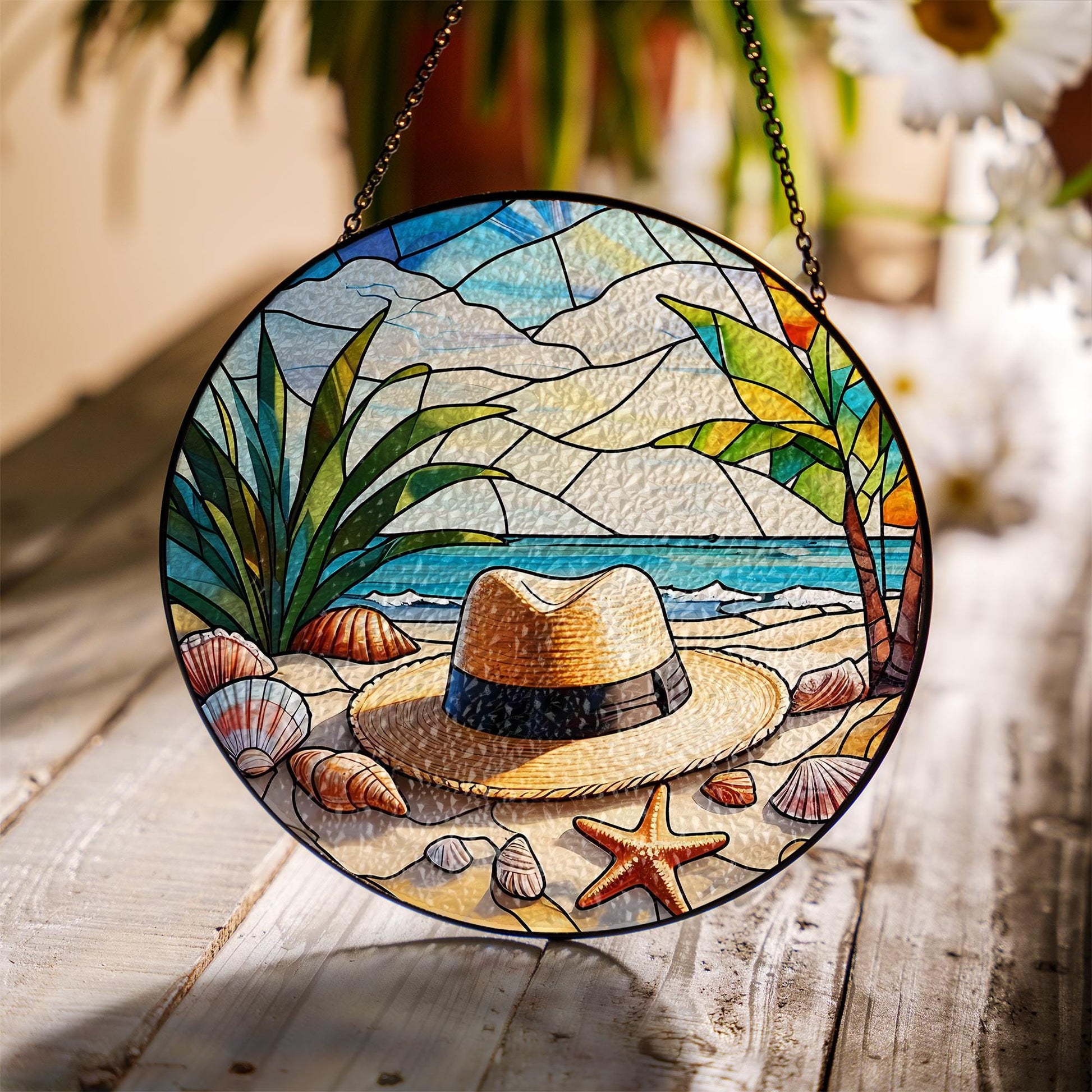Beach Scene Glass Suncatcher, Tropical Ocean Window Hanging, Coastal Home Decor, Seashell & Palm Tree Art, Unique Summer Gift
