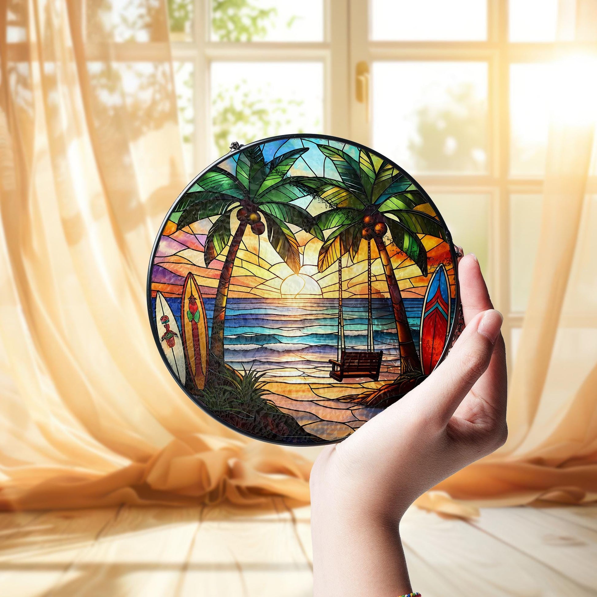 Beach Sunset Stained Glass Suncatcher, Tropical Palm Tree Ocean Scene Window Hanging, Handcrafted Coastal Home Decor, Unique Island Art Gift