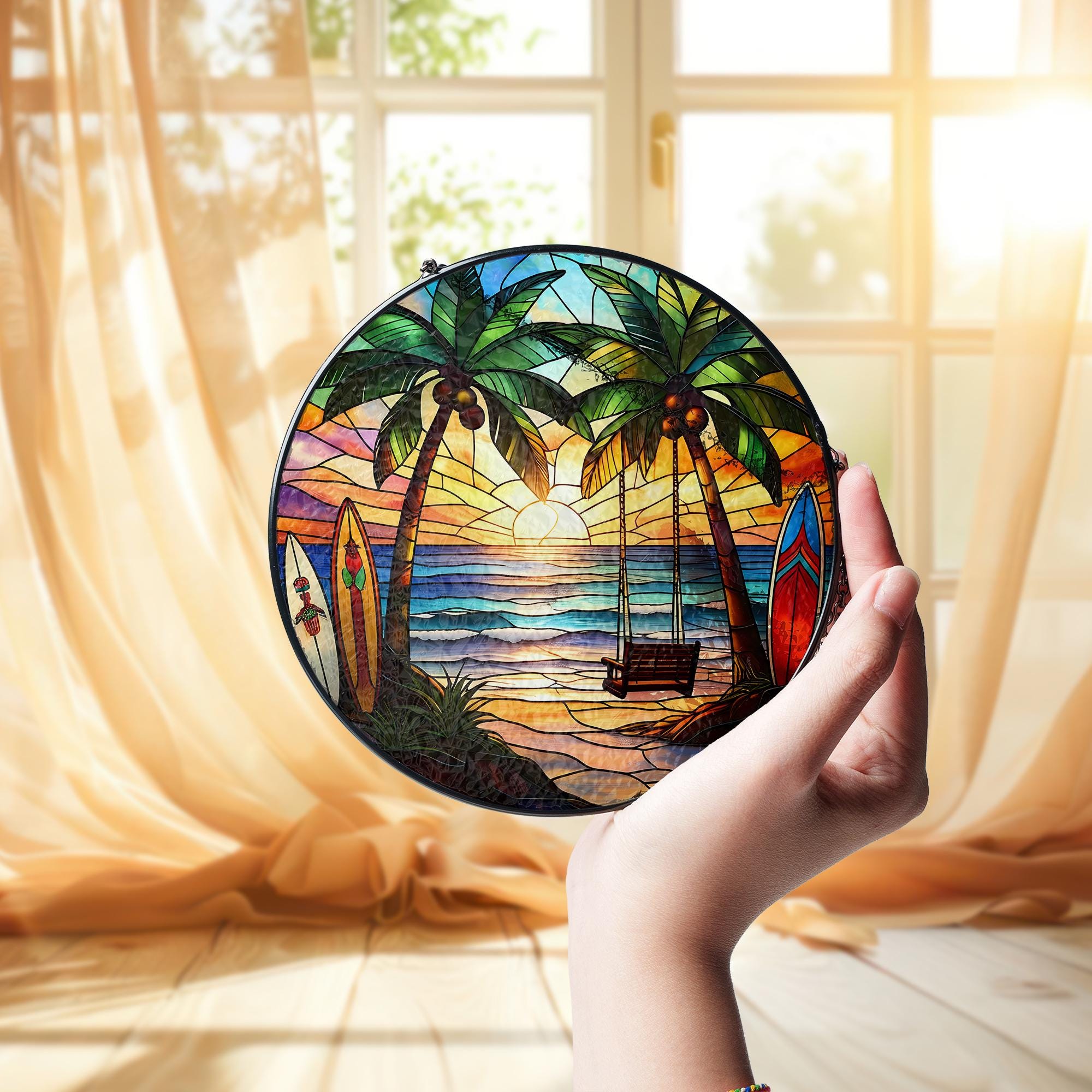 Beach Sunset Stained Glass Suncatcher, Tropical Palm Tree Ocean Scene Window Hanging, Handcrafted Coastal Home Decor, Unique Island Art Gift