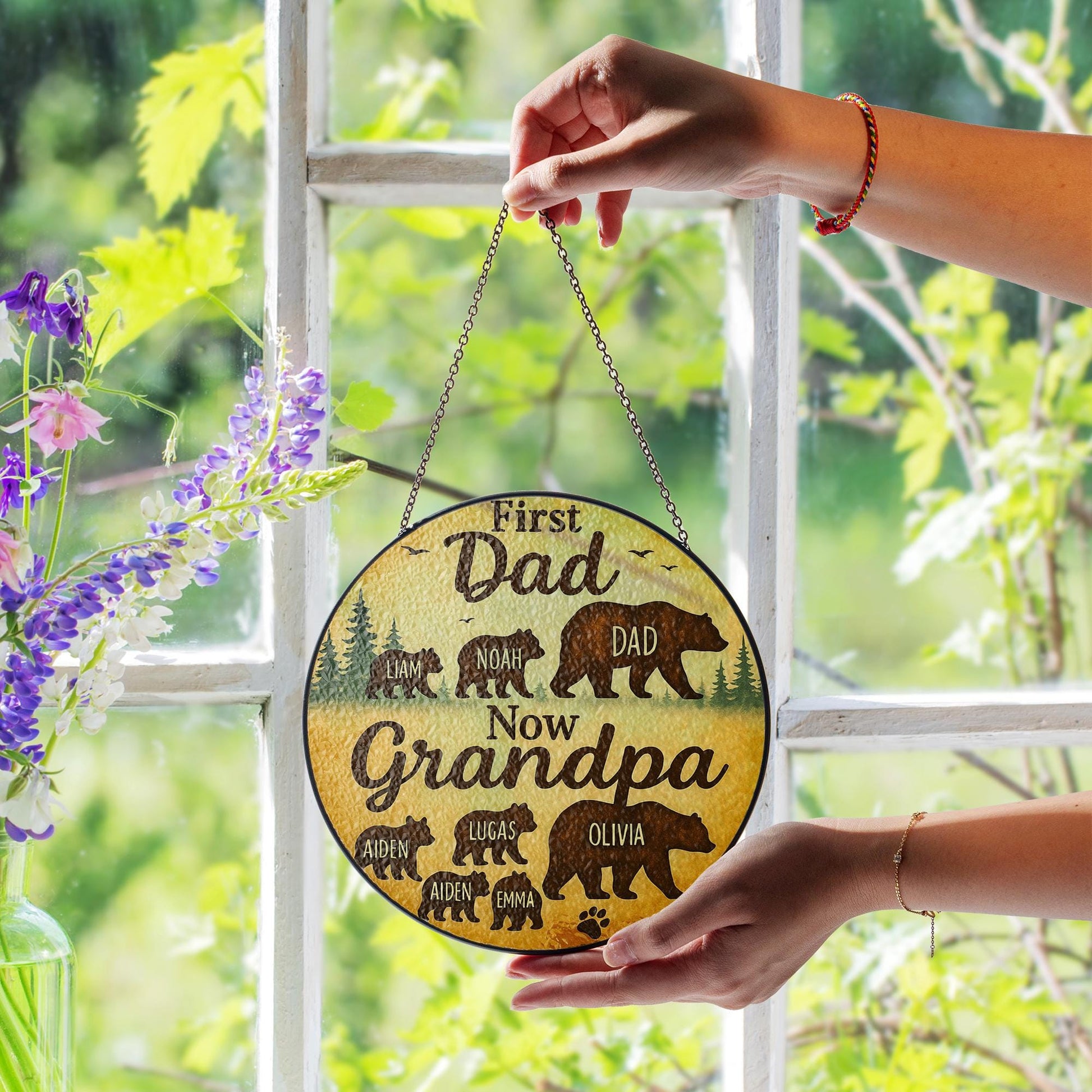 Custom Glass Suncatcher for Grandpa | First Dad Now Grandpa | Personalized Family Bear Design | Father's Day Gift | Grandpa Keepsake