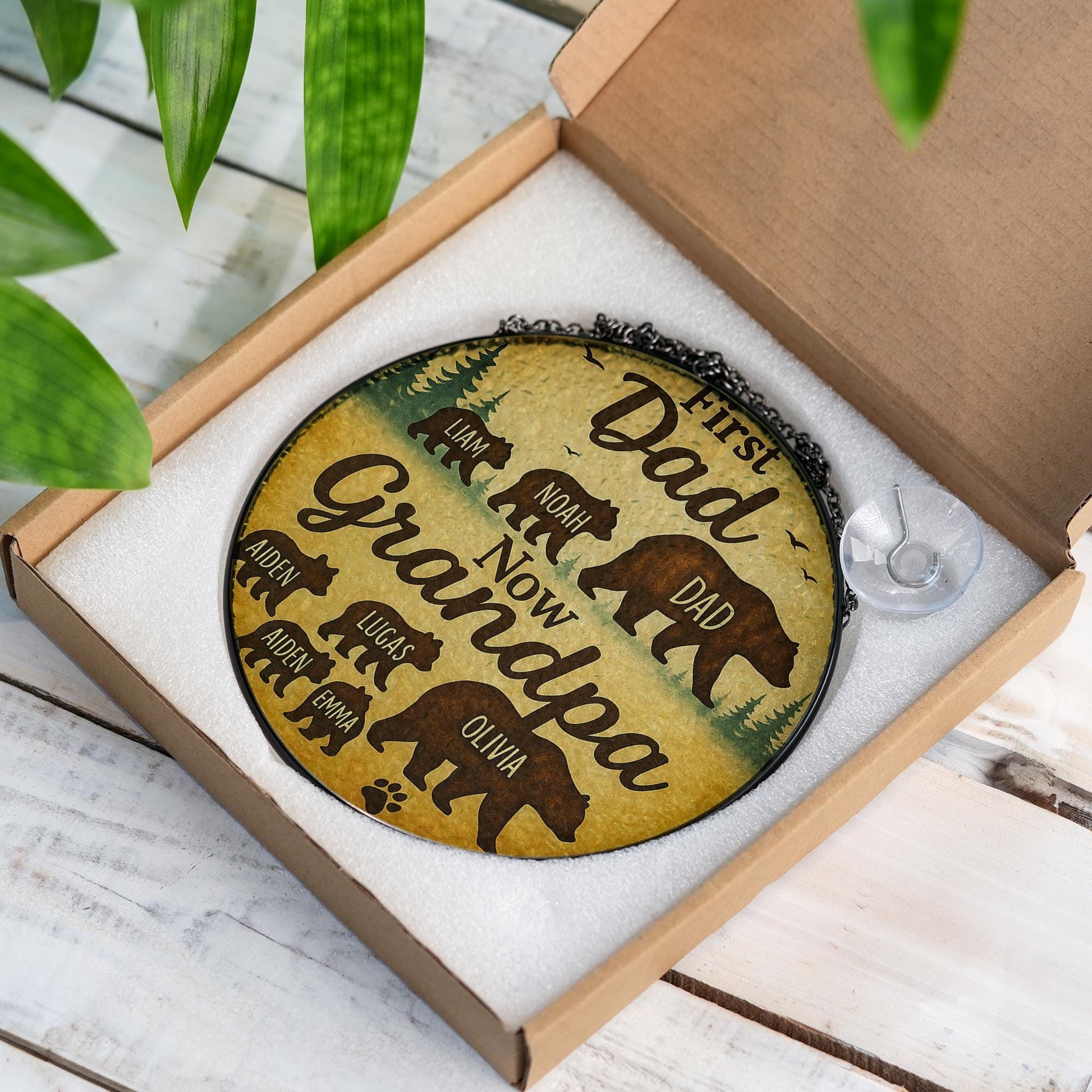 Custom Glass Suncatcher for Grandpa | First Dad Now Grandpa | Personalized Family Bear Design | Father's Day Gift | Grandpa Keepsake
