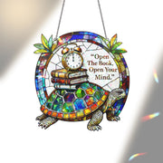 Turtle Book Lover Suncatcher, "Open The Book Open Your Mind" Acrylic Window Hanging Ornament, Reading Gift Decor, Book Lover Gift, Book Club