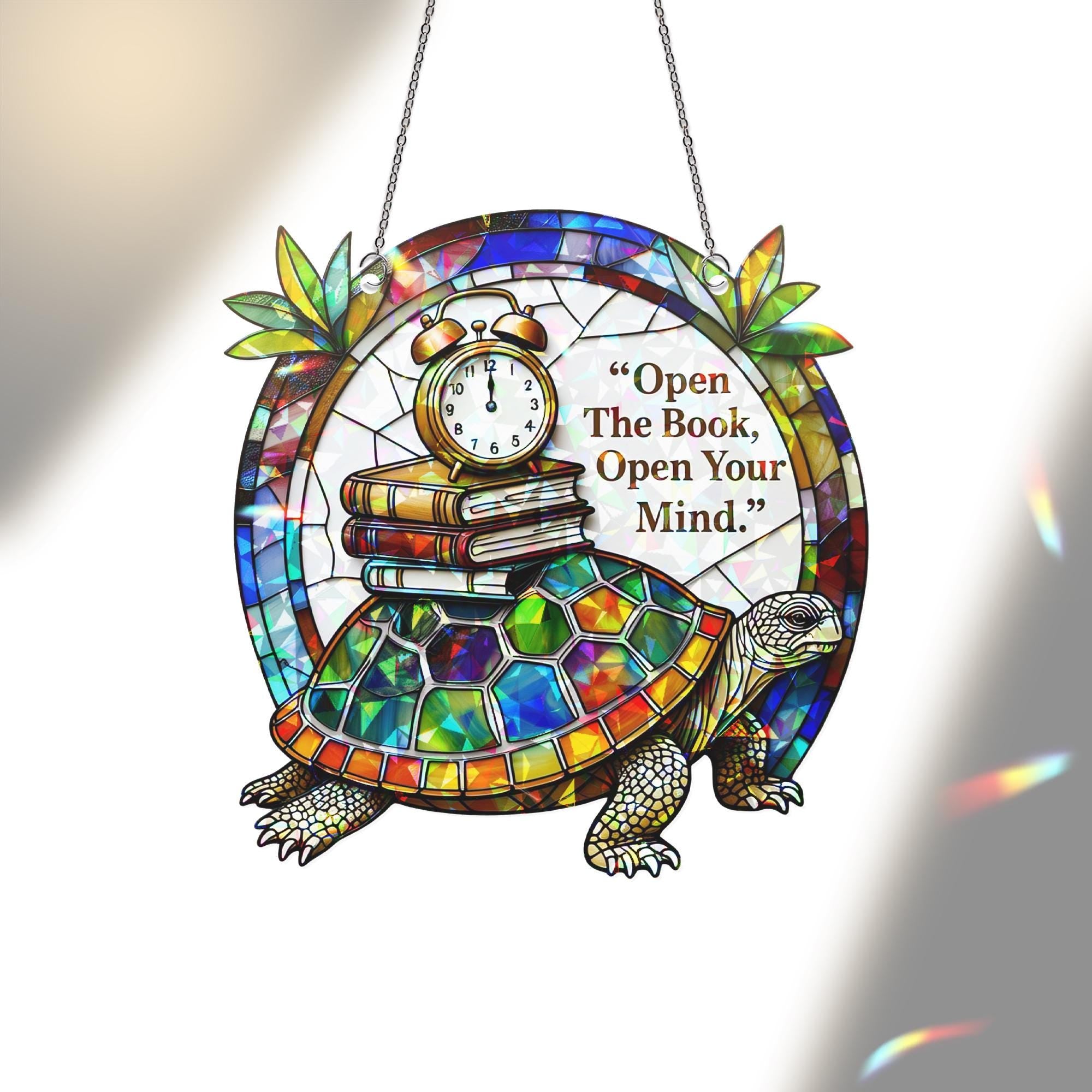 Turtle Book Lover Suncatcher, "Open The Book Open Your Mind" Acrylic Window Hanging Ornament, Reading Gift Decor, Book Lover Gift, Book Club