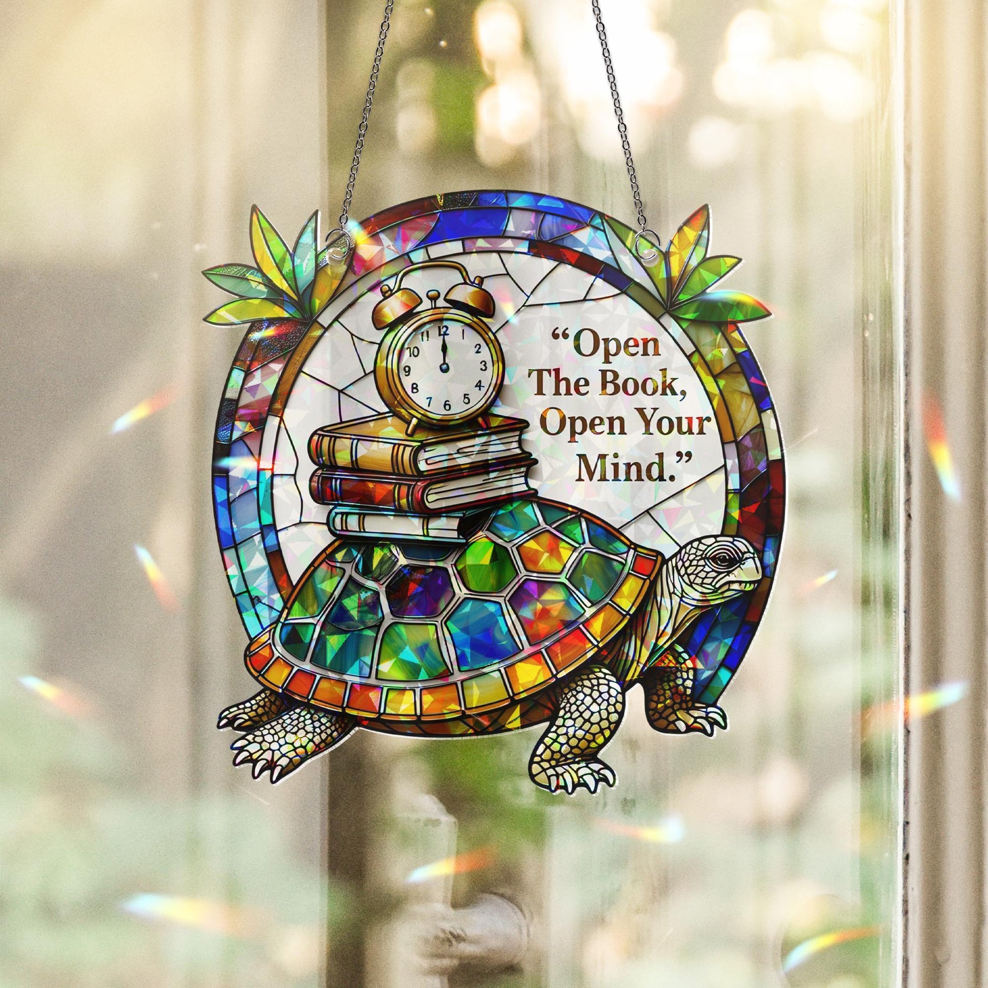 Turtle Book Lover Suncatcher, "Open The Book Open Your Mind" Acrylic Window Hanging Ornament, Reading Gift Decor, Book Lover Gift, Book Club