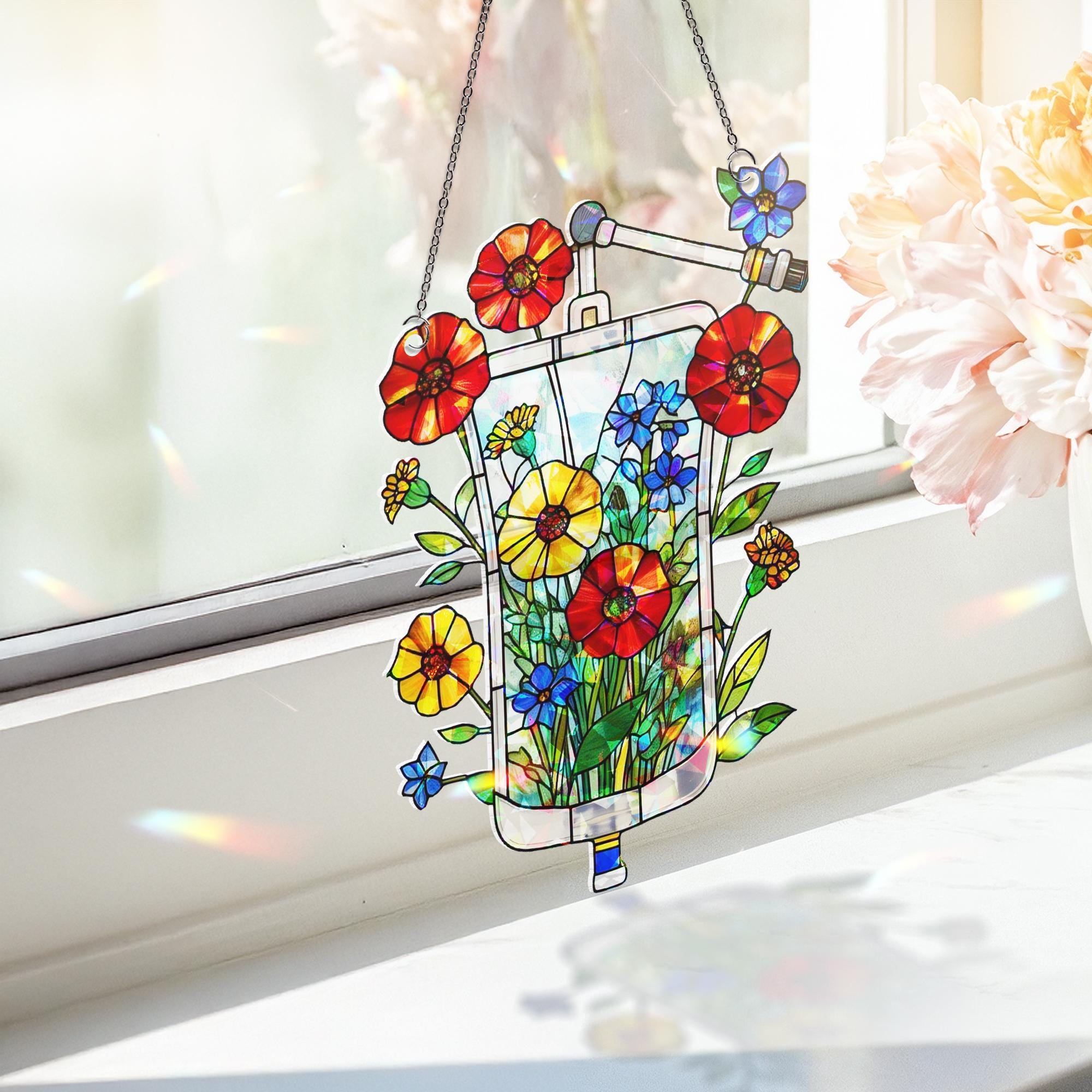 Floral IV Bag Acrylic Window Hanging Ornament, Unique Nurse Doctor Gift, Medical Art Home Decor, Unique Gift for Nurse, Doctor,Medical Staff