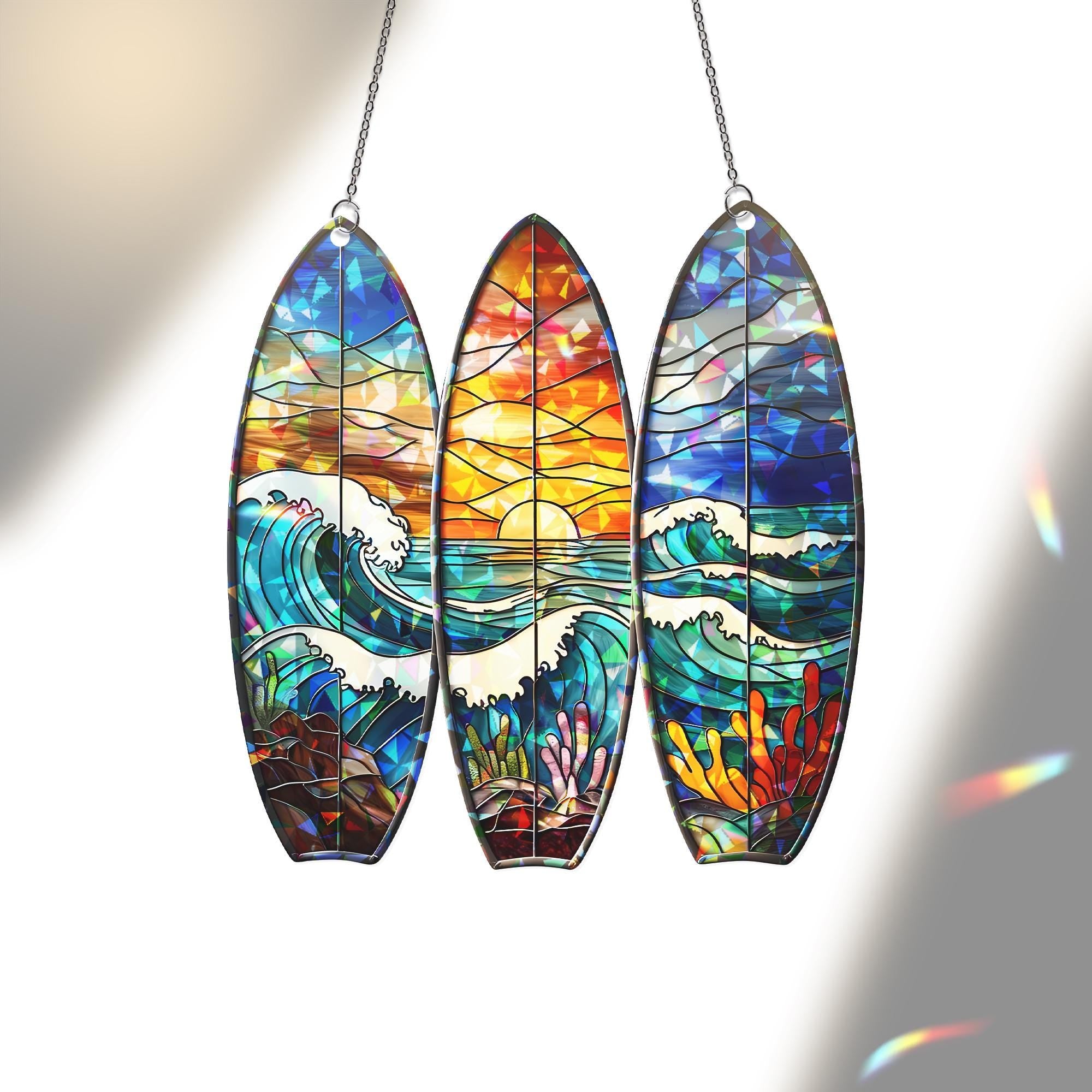 Surfboard Trio Ocean Sunset Acrylic Window Hanging, Tropical Beach Coastal Home Decor, Unique Surfer Gift, Summer Art Decor