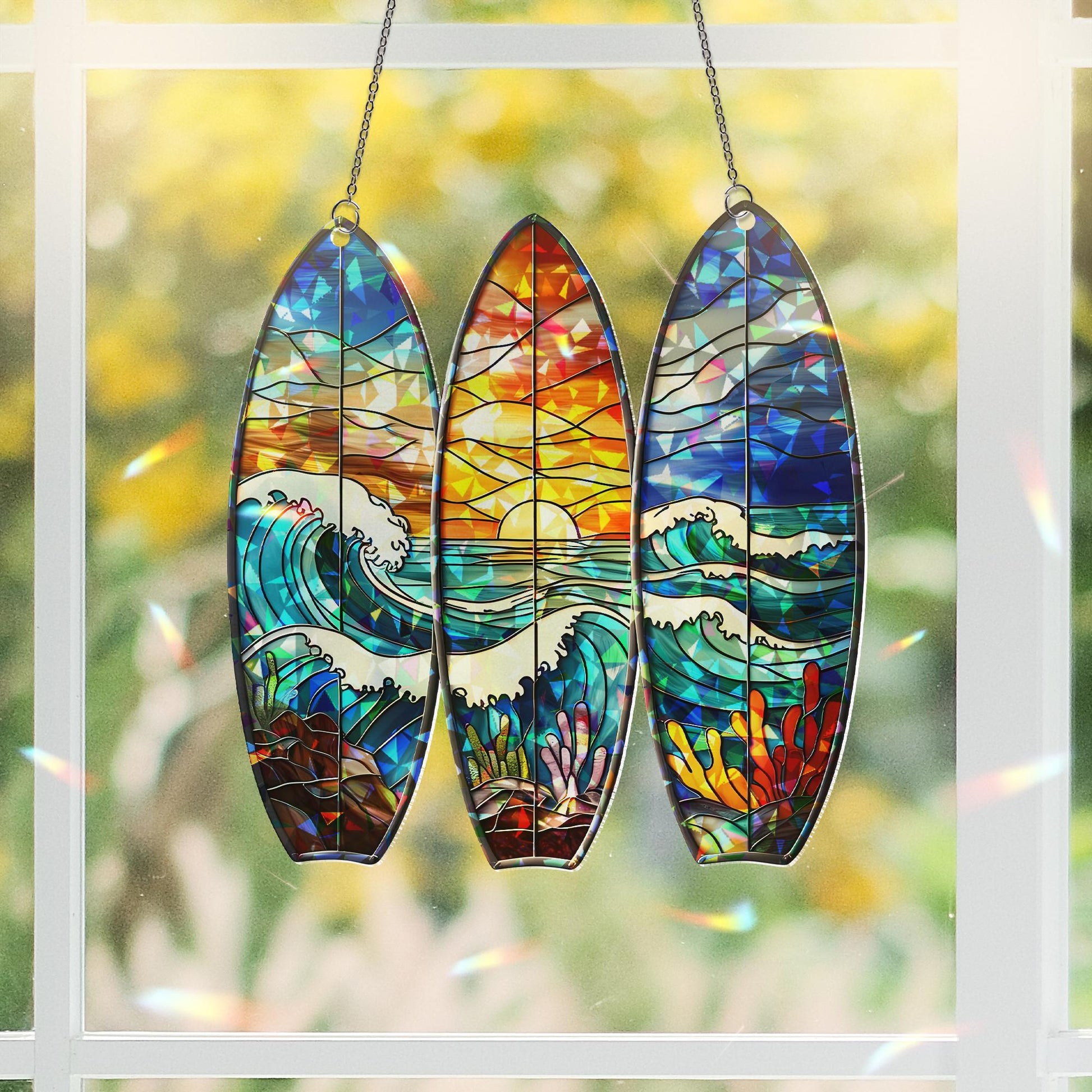 Surfboard Trio Ocean Sunset Acrylic Window Hanging, Tropical Beach Coastal Home Decor, Unique Surfer Gift, Summer Art Decor