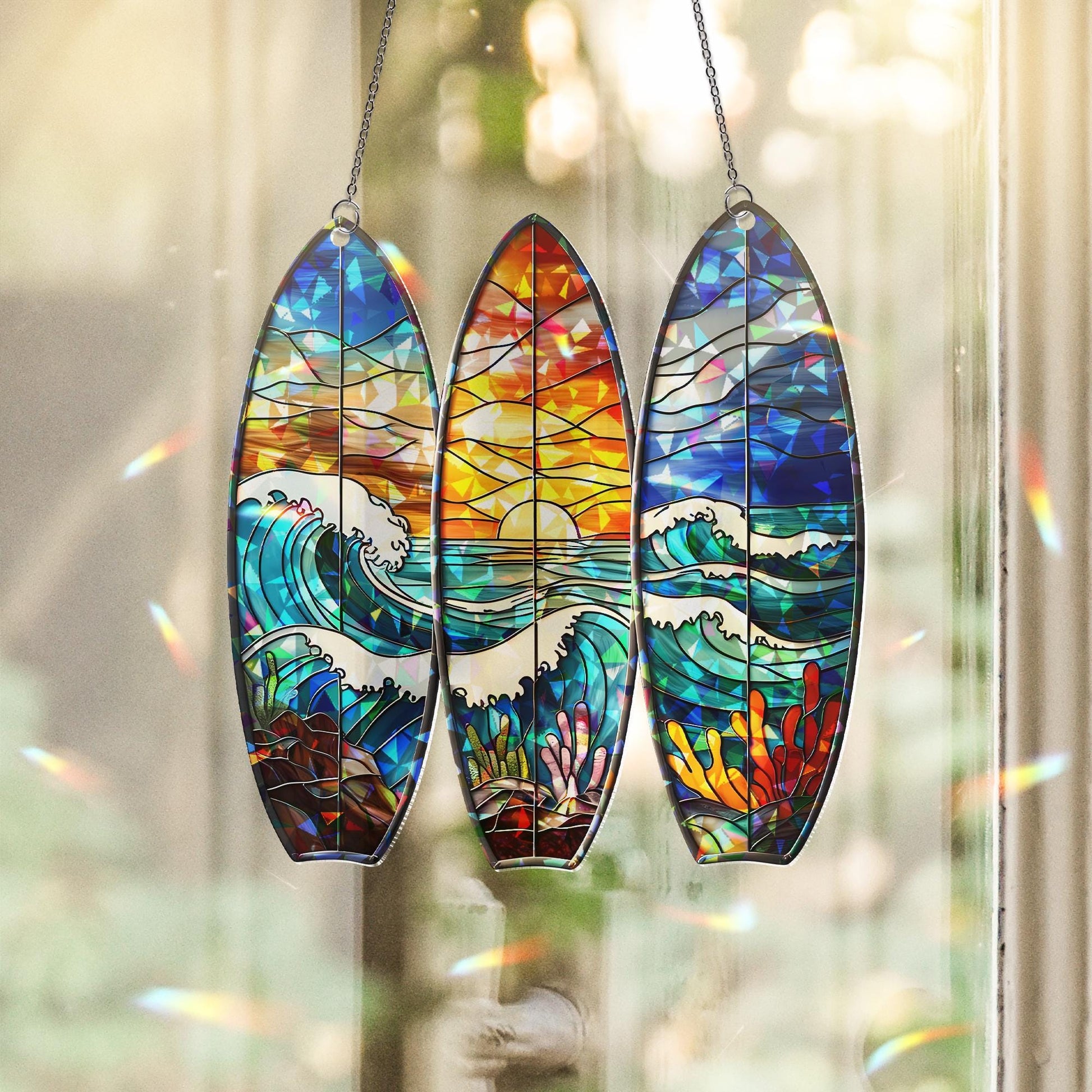 Surfboard Trio Ocean Sunset Acrylic Window Hanging, Tropical Beach Coastal Home Decor, Unique Surfer Gift, Summer Art Decor