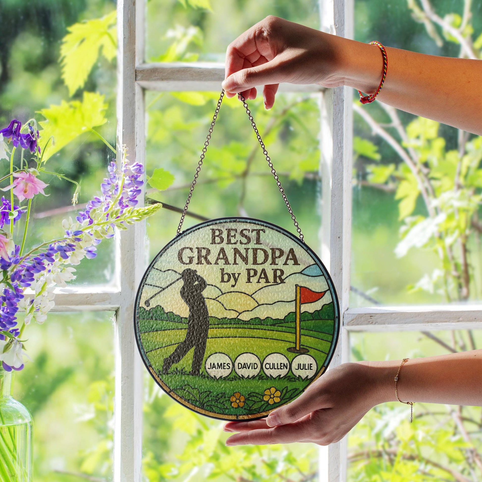 Best Grandpa by Par Glass Suncatcher | Personalized Golf Lover Gift | Grandpa Keepsake | Father's Day Gift | Custom Family Name Decor