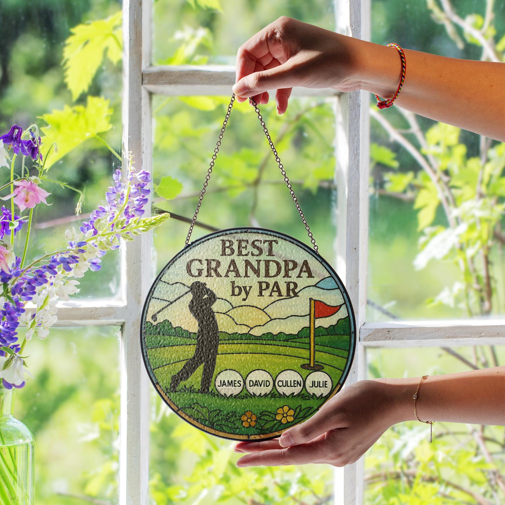 Best Grandpa by Par Glass Suncatcher | Personalized Golf Lover Gift | Grandpa Keepsake | Father's Day Gift | Custom Family Name Decor