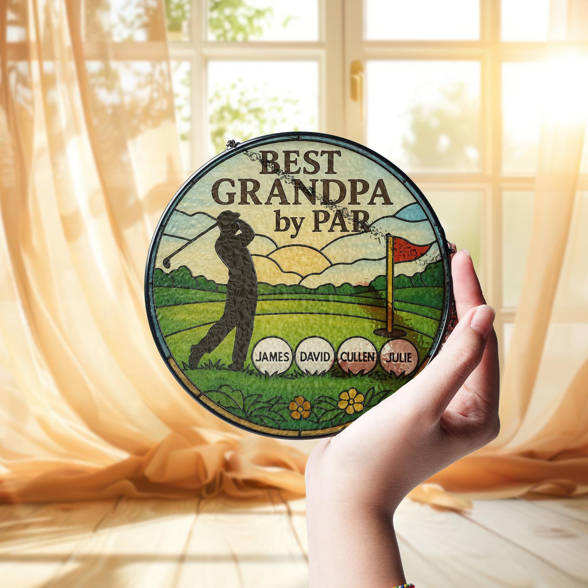 Best Grandpa by Par Glass Suncatcher | Personalized Golf Lover Gift | Grandpa Keepsake | Father's Day Gift | Custom Family Name Decor
