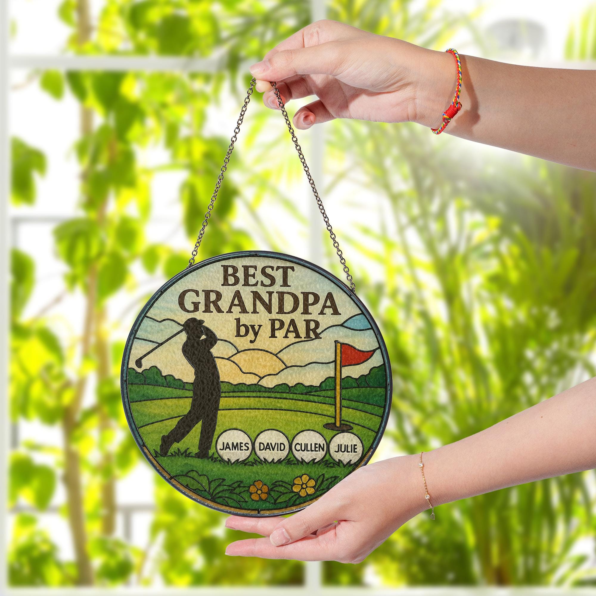 Best Grandpa by Par Glass Suncatcher | Personalized Golf Lover Gift | Grandpa Keepsake | Father's Day Gift | Custom Family Name Decor