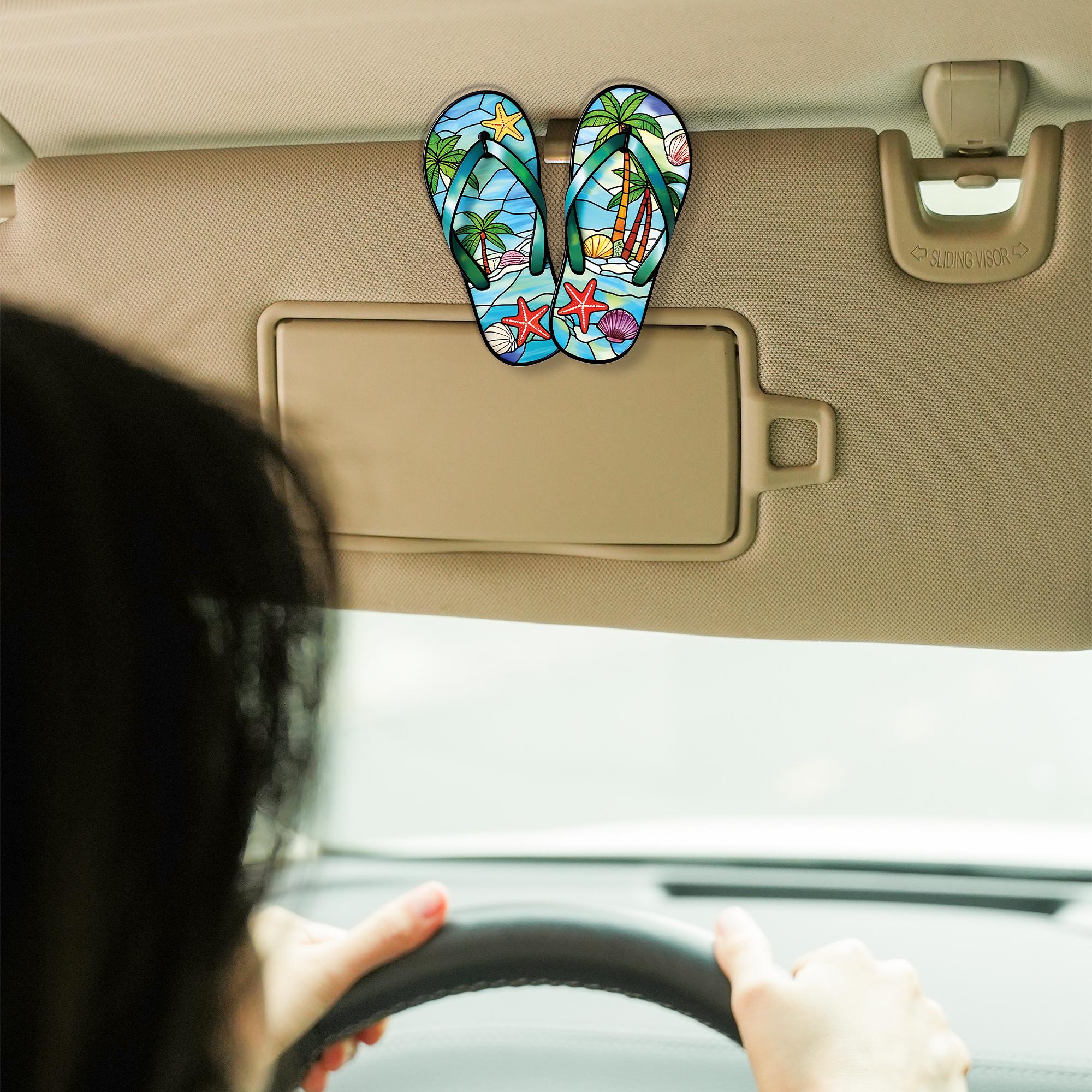 Flip Flop Car Visor Clip, Tropical Beach Stained Glass Style Car Accessory, Palm Tree Starfish Seashell Summer Car Decor, Car Decor