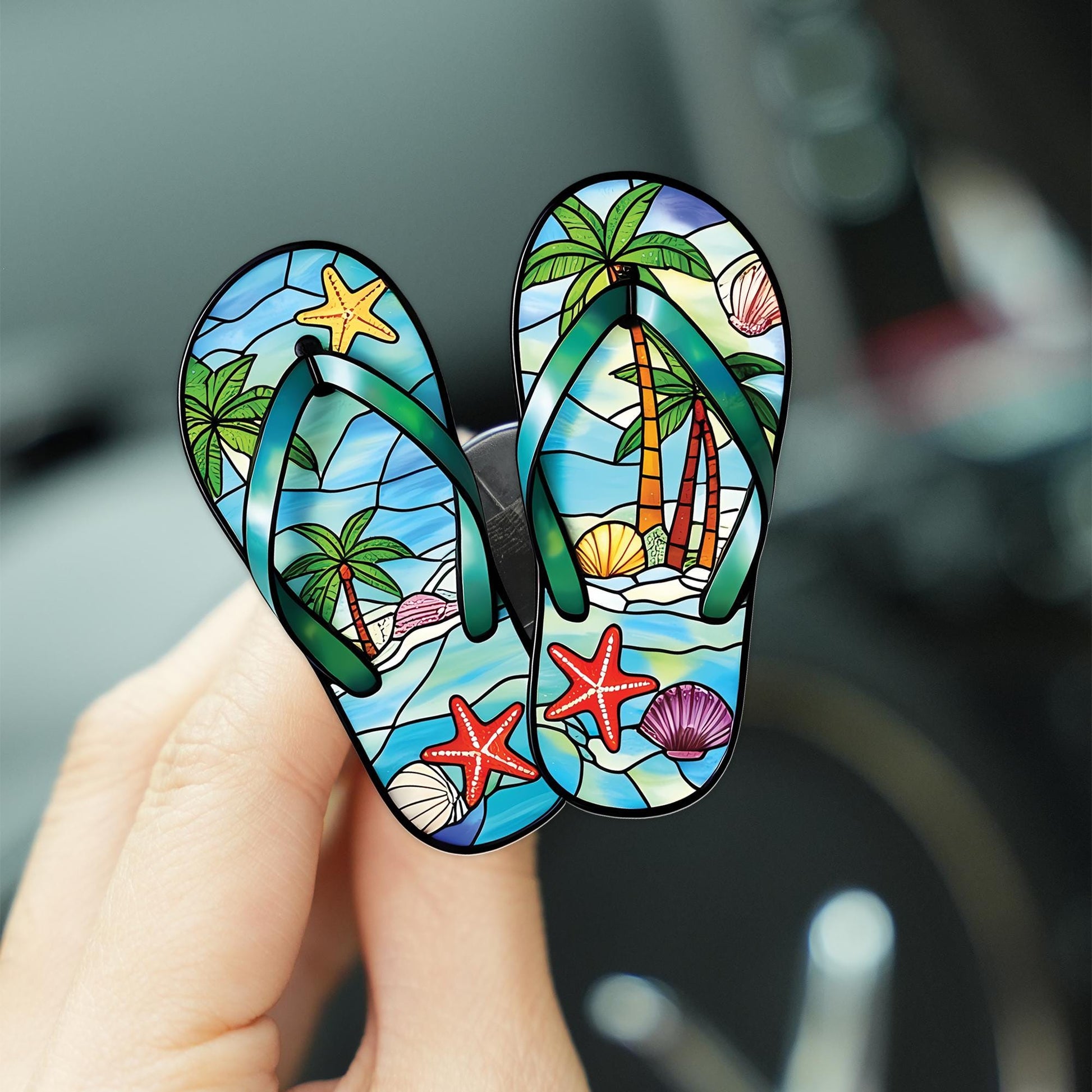 Flip Flop Car Visor Clip, Tropical Beach Stained Glass Style Car Accessory, Palm Tree Starfish Seashell Summer Car Decor, Car Decor