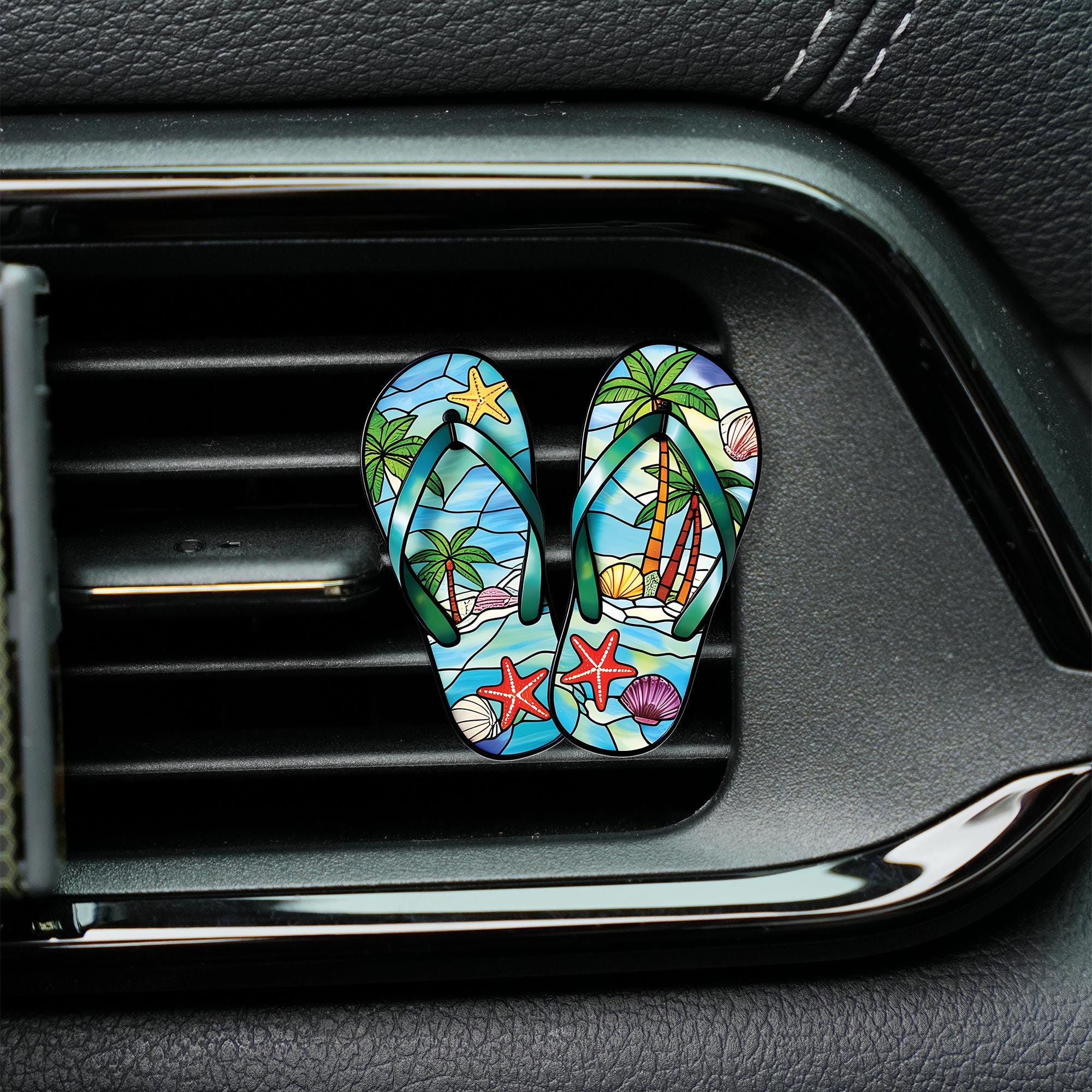 Flip Flop Car Visor Clip, Tropical Beach Stained Glass Style Car Accessory, Palm Tree Starfish Seashell Summer Car Decor, Car Decor