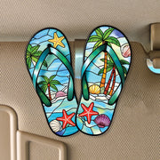 Flip Flop Car Visor Clip, Tropical Beach Stained Glass Style Car Accessory, Palm Tree Starfish Seashell Summer Car Decor, Car Decor
