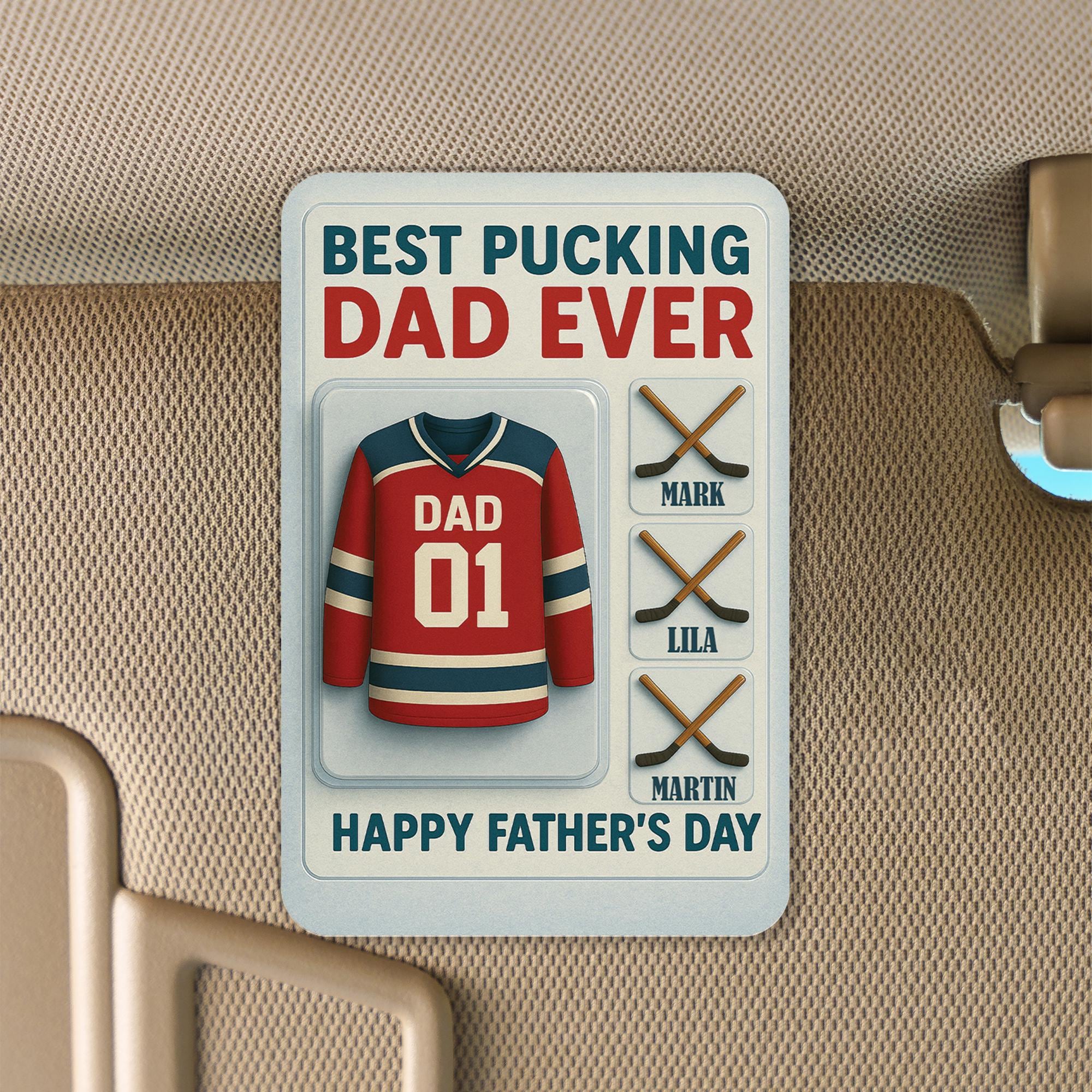 Personalized Hockey Dad Car Visor Clip, Best Pucking Dad Ever, Custom Kids Names, Father's Day Gift for Hockey Lover, Jersey Number