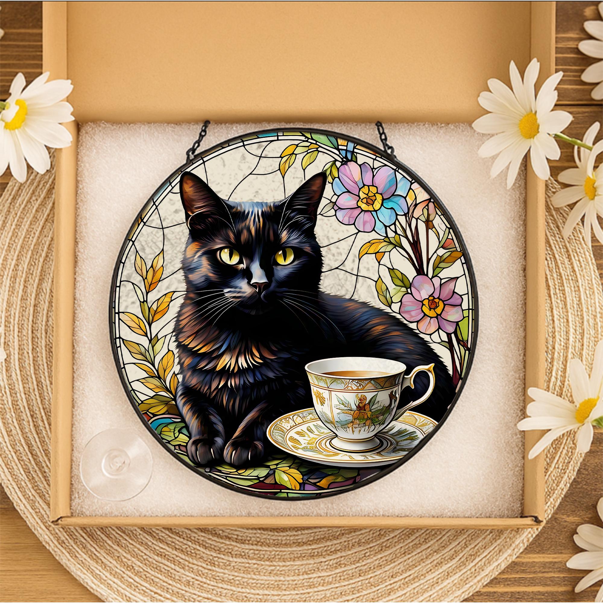 Black Cat with Teacup Glass Suncatcher – Whimsical Cat Lover Decor, Tea Time Window Art, Gift for Cat Lovers, Cottagecore Decor