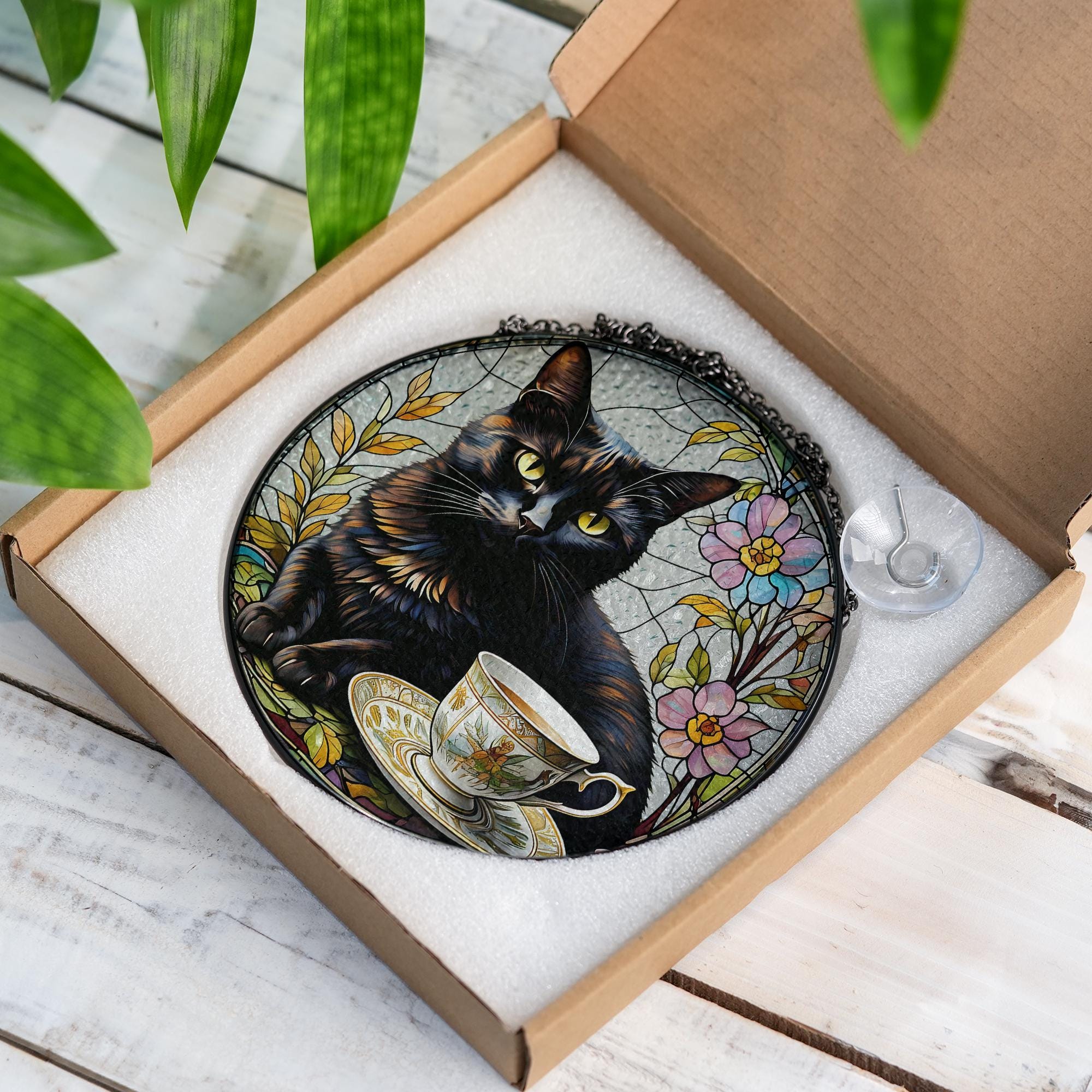Black Cat with Teacup Glass Suncatcher – Whimsical Cat Lover Decor, Tea Time Window Art, Gift for Cat Lovers, Cottagecore Decor