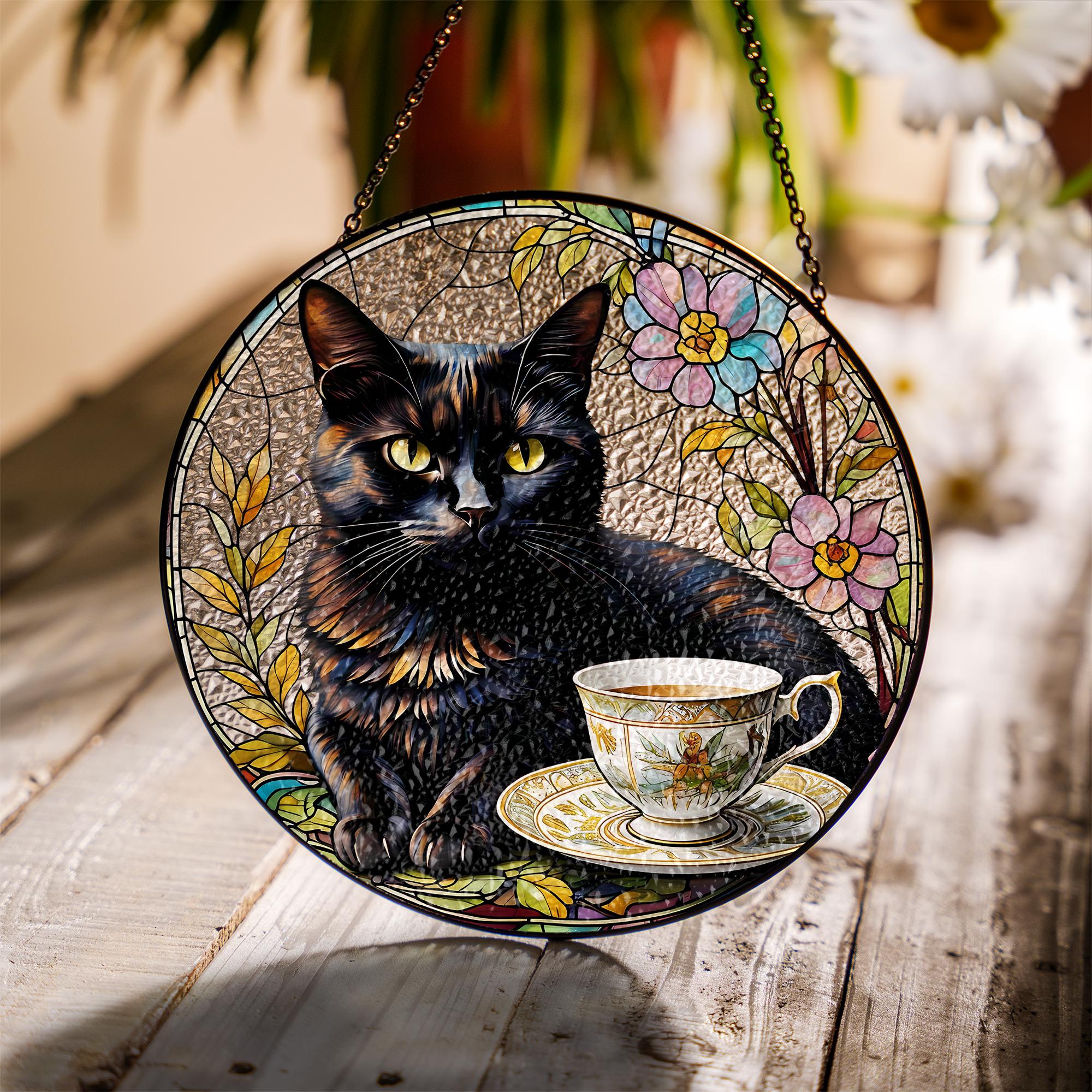 Black Cat with Teacup Glass Suncatcher – Whimsical Cat Lover Decor, Tea Time Window Art, Gift for Cat Lovers, Cottagecore Decor