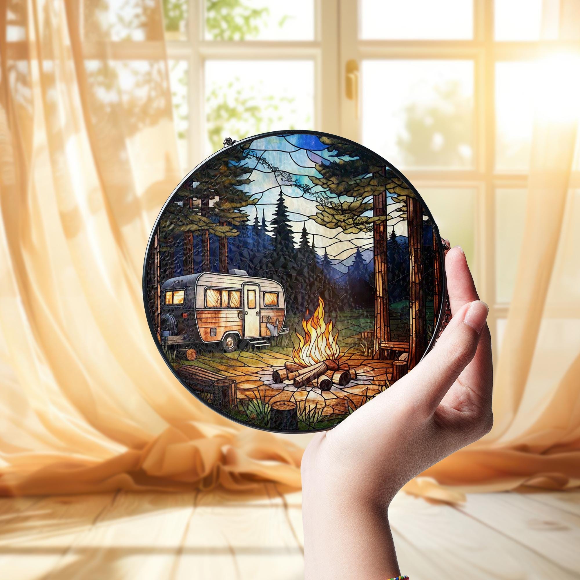 Camping in the Forest Glass Suncatcher – Nature Lover Decor, Outdoor Adventure Art, Gift for Hikers, Forest Landscape Window Art