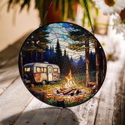 Camping in the Forest Glass Suncatcher – Nature Lover Decor, Outdoor Adventure Art, Gift for Hikers, Forest Landscape Window Art