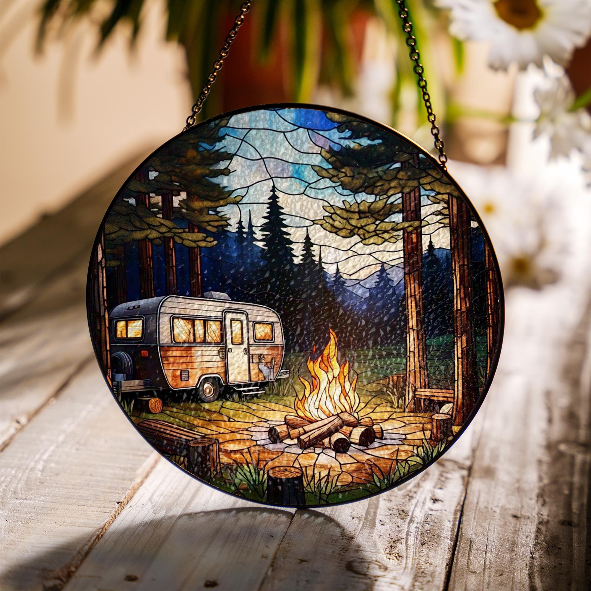 Camping in the Forest Glass Suncatcher – Nature Lover Decor, Outdoor Adventure Art, Gift for Hikers, Forest Landscape Window Art