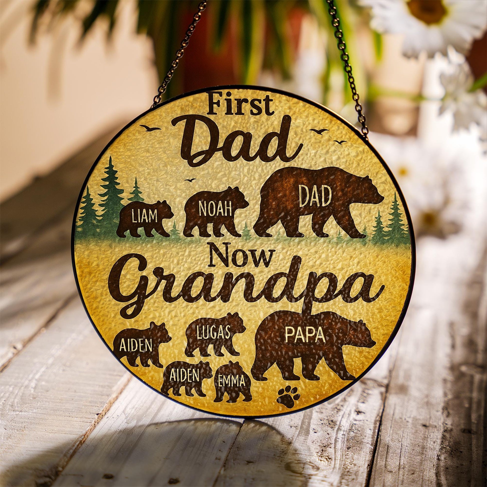 Custom Glass Suncatcher for Grandpa | First Dad Now Grandpa | Personalized Family Bear Design | Father's Day Gift | Grandpa Keepsake