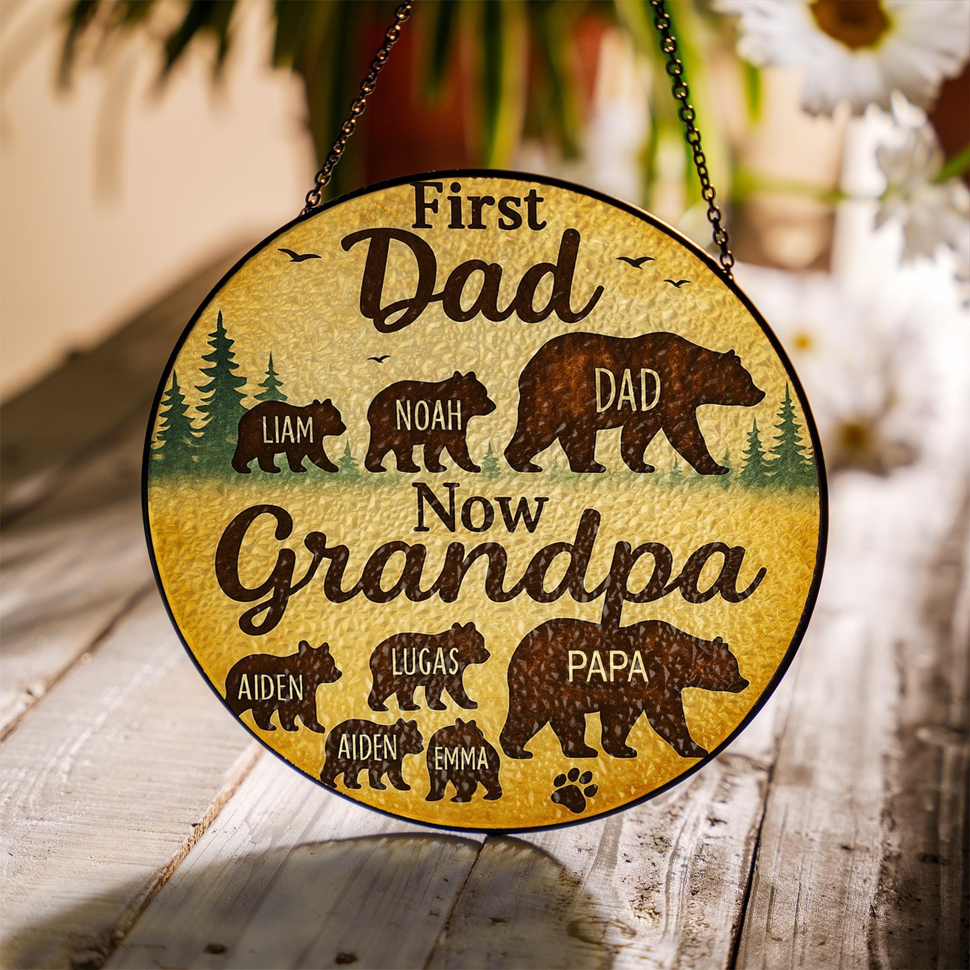 Custom Glass Suncatcher for Grandpa | First Dad Now Grandpa | Personalized Family Bear Design | Father's Day Gift | Grandpa Keepsake