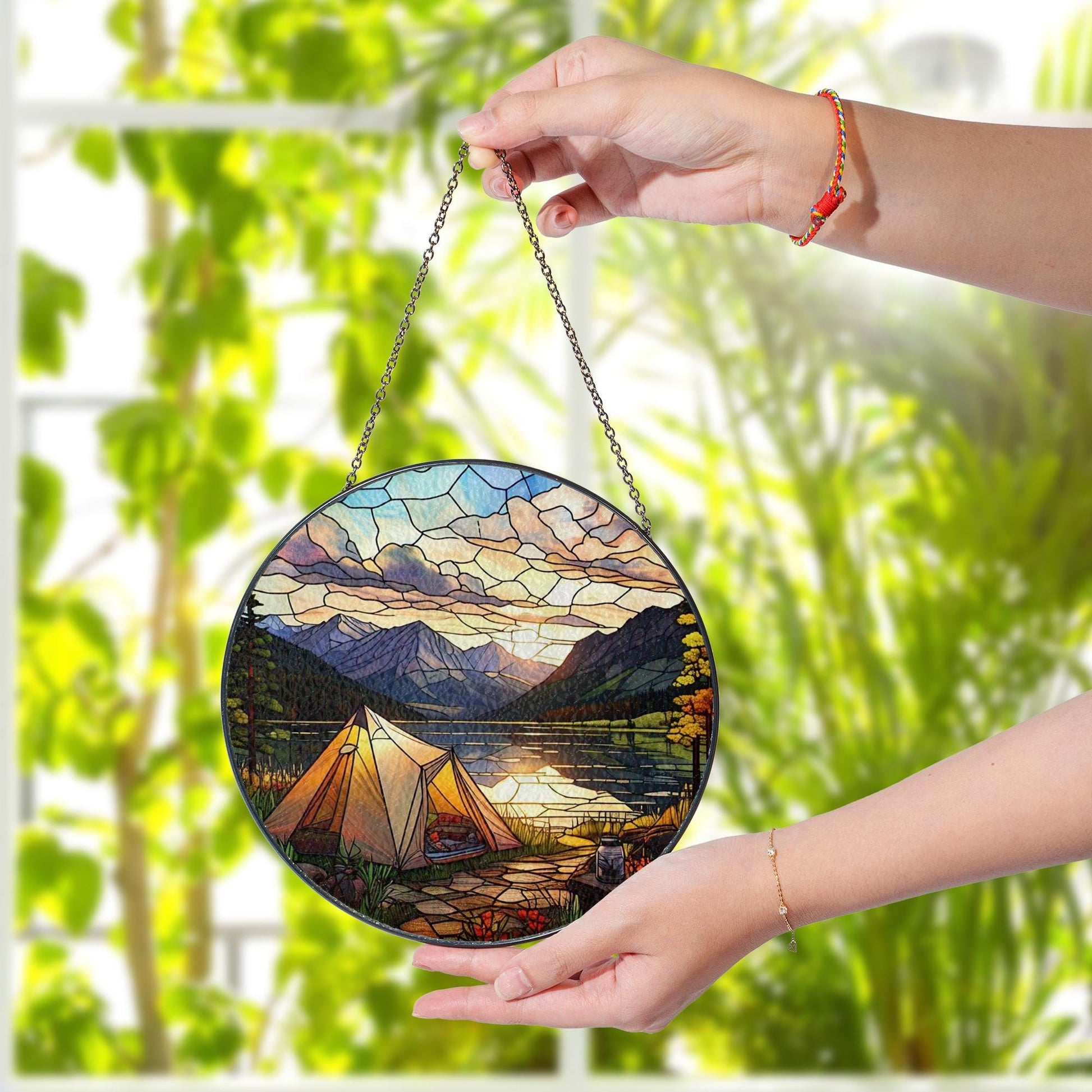 Camping Tent on the River Glass Suncatcher – Outdoor Adventure Decor, Nature Lover Art, Gift for Hikers, River Scene Window Decoration
