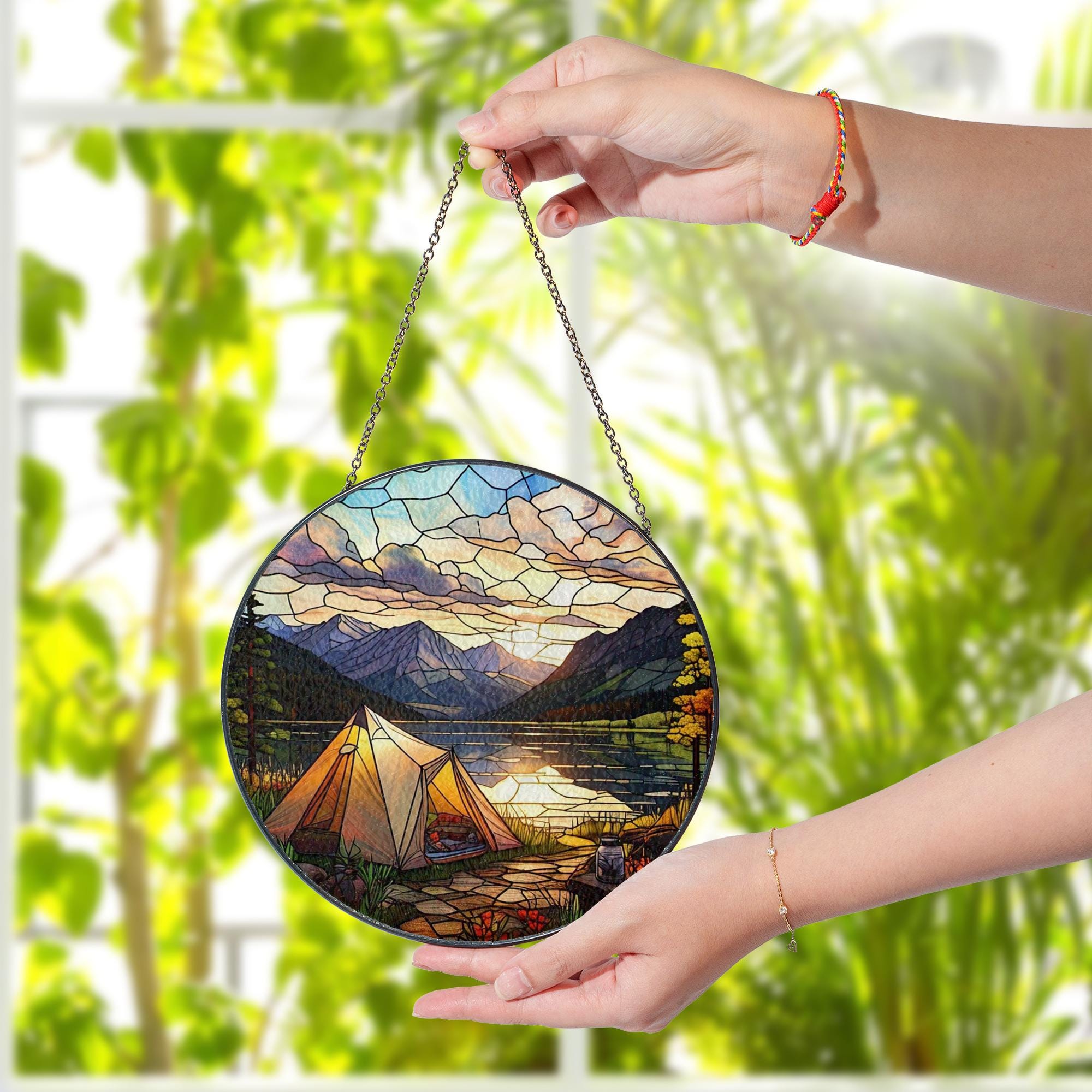 Camping Tent on the River Glass Suncatcher – Outdoor Adventure Decor, Nature Lover Art, Gift for Hikers, River Scene Window Decoration