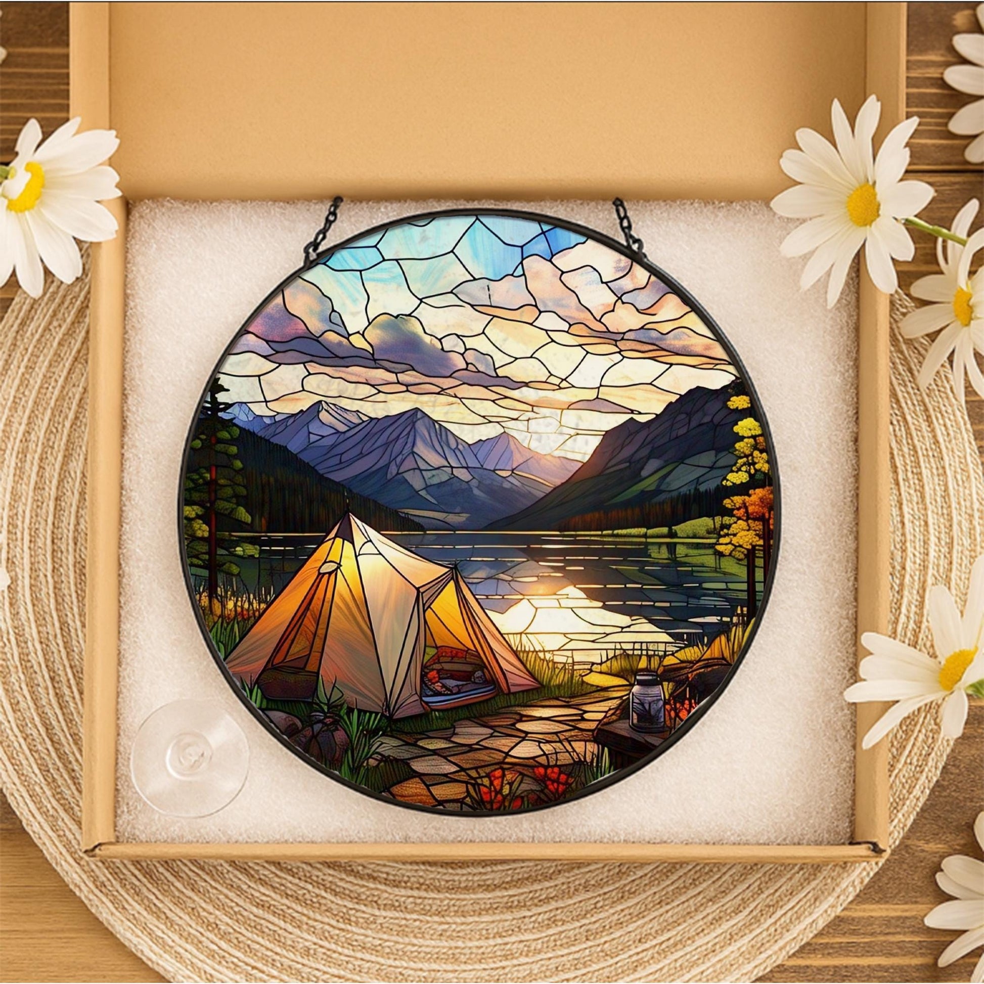 Camping Tent on the River Glass Suncatcher – Outdoor Adventure Decor, Nature Lover Art, Gift for Hikers, River Scene Window Decoration