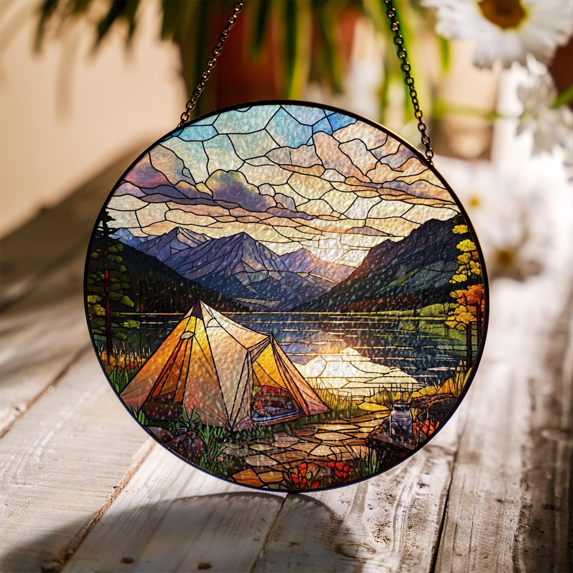 Camping Tent on the River Glass Suncatcher – Outdoor Adventure Decor, Nature Lover Art, Gift for Hikers, River Scene Window Decoration