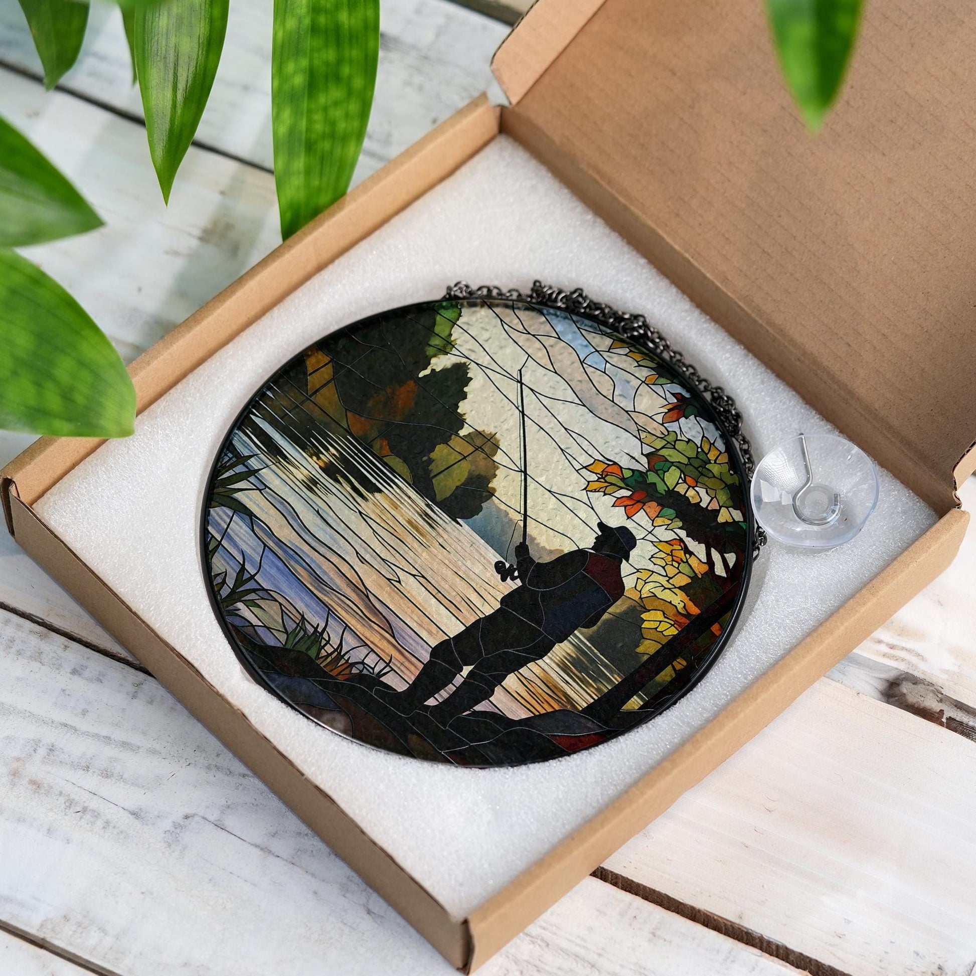 Dad Fishing on the River Glass Suncatcher – Father’s Day Gift, Outdoor Decor, Nature Lover Art, River Scene Window Hanging, Dad Gift Idea
