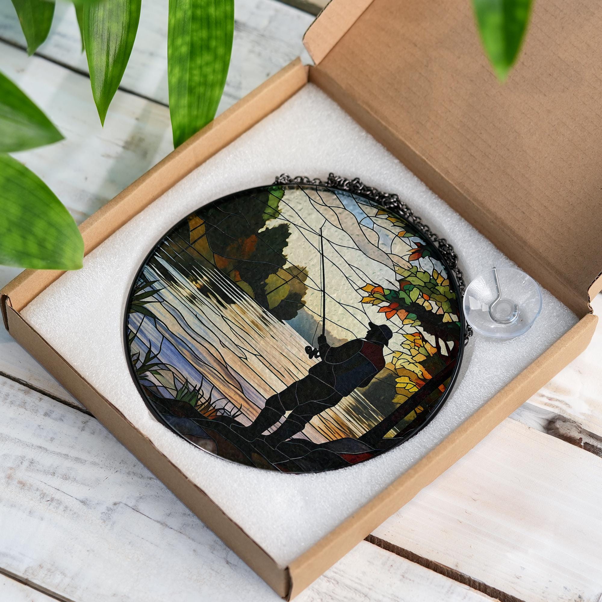 Dad Fishing on the River Glass Suncatcher – Father’s Day Gift, Outdoor Decor, Nature Lover Art, River Scene Window Hanging, Dad Gift Idea