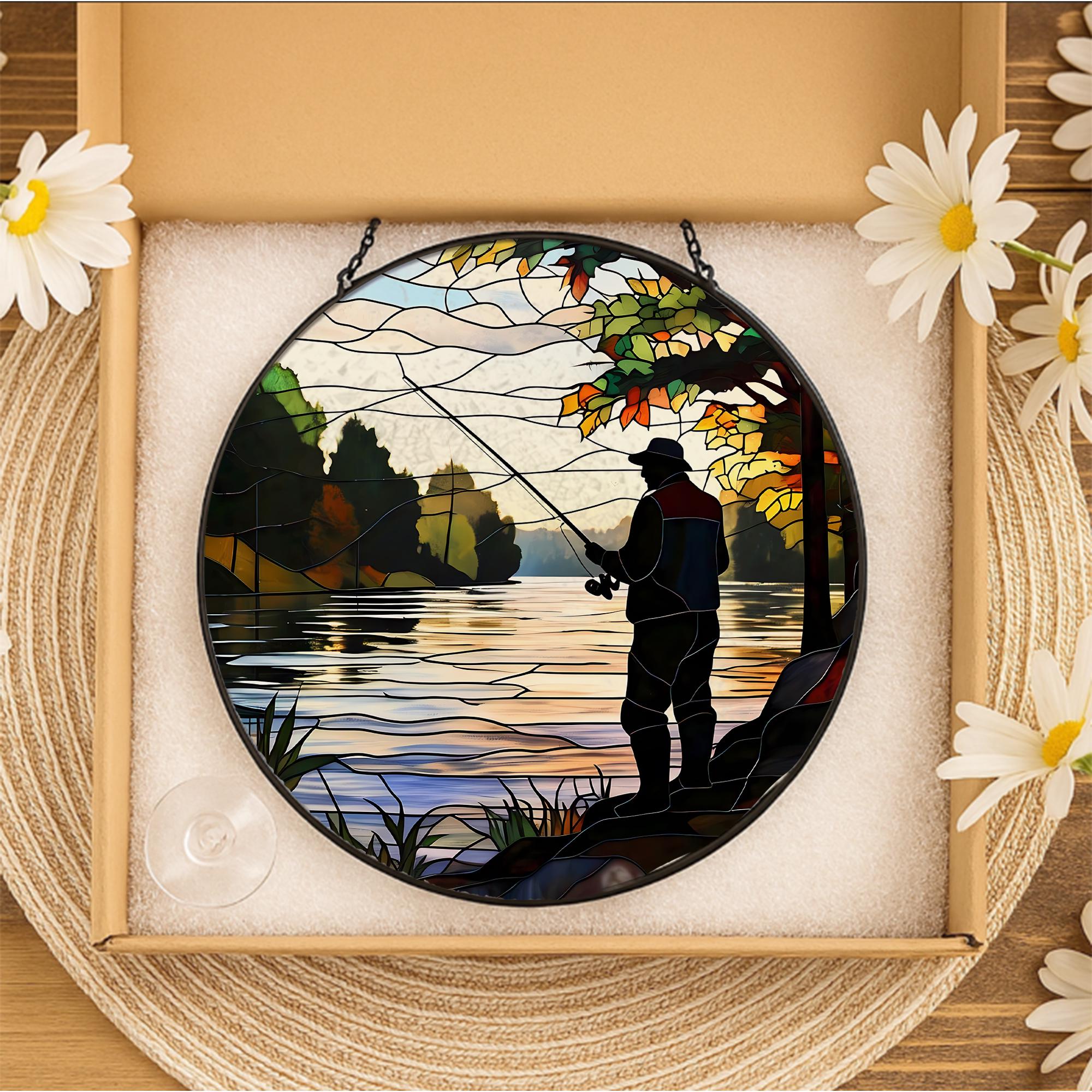 Dad Fishing on the River Glass Suncatcher – Father’s Day Gift, Outdoor Decor, Nature Lover Art, River Scene Window Hanging, Dad Gift Idea