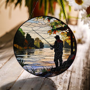 Dad Fishing on the River Glass Suncatcher – Father’s Day Gift, Outdoor Decor, Nature Lover Art, River Scene Window Hanging, Dad Gift Idea