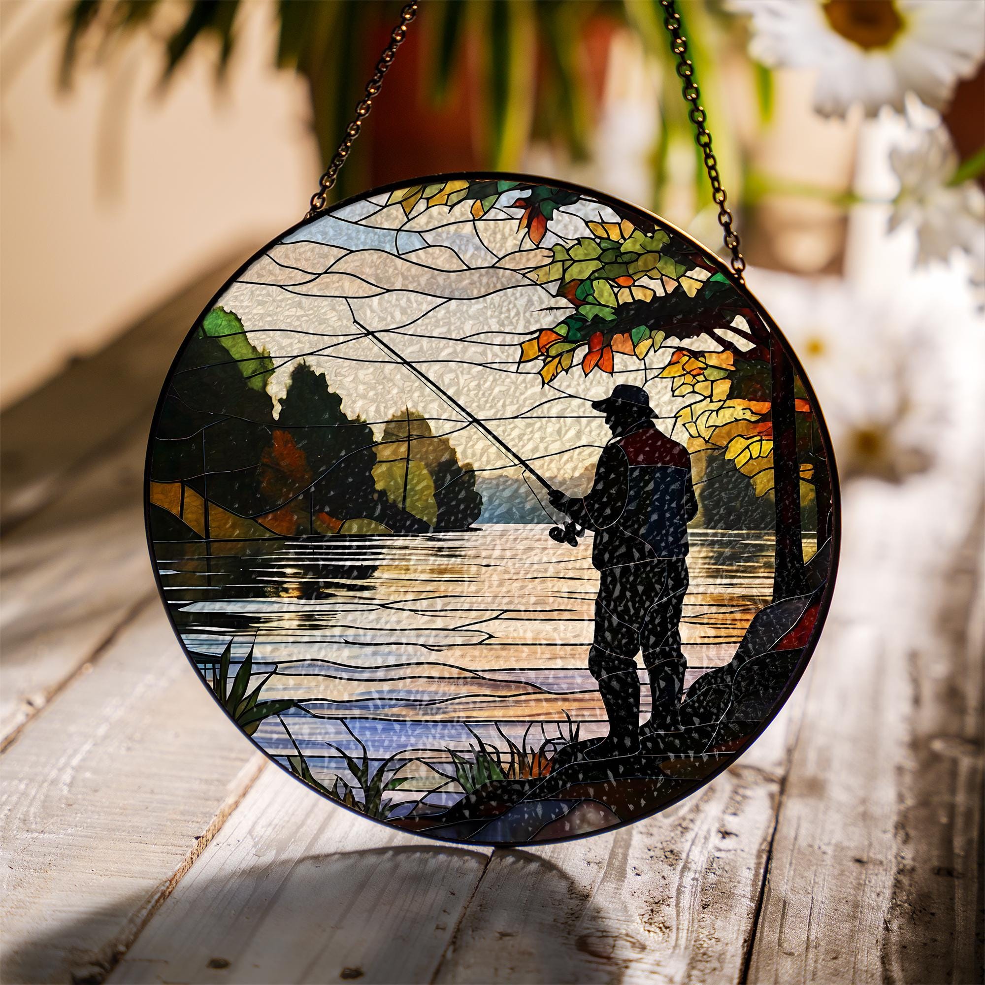 Dad Fishing on the River Glass Suncatcher – Father’s Day Gift, Outdoor Decor, Nature Lover Art, River Scene Window Hanging, Dad Gift Idea
