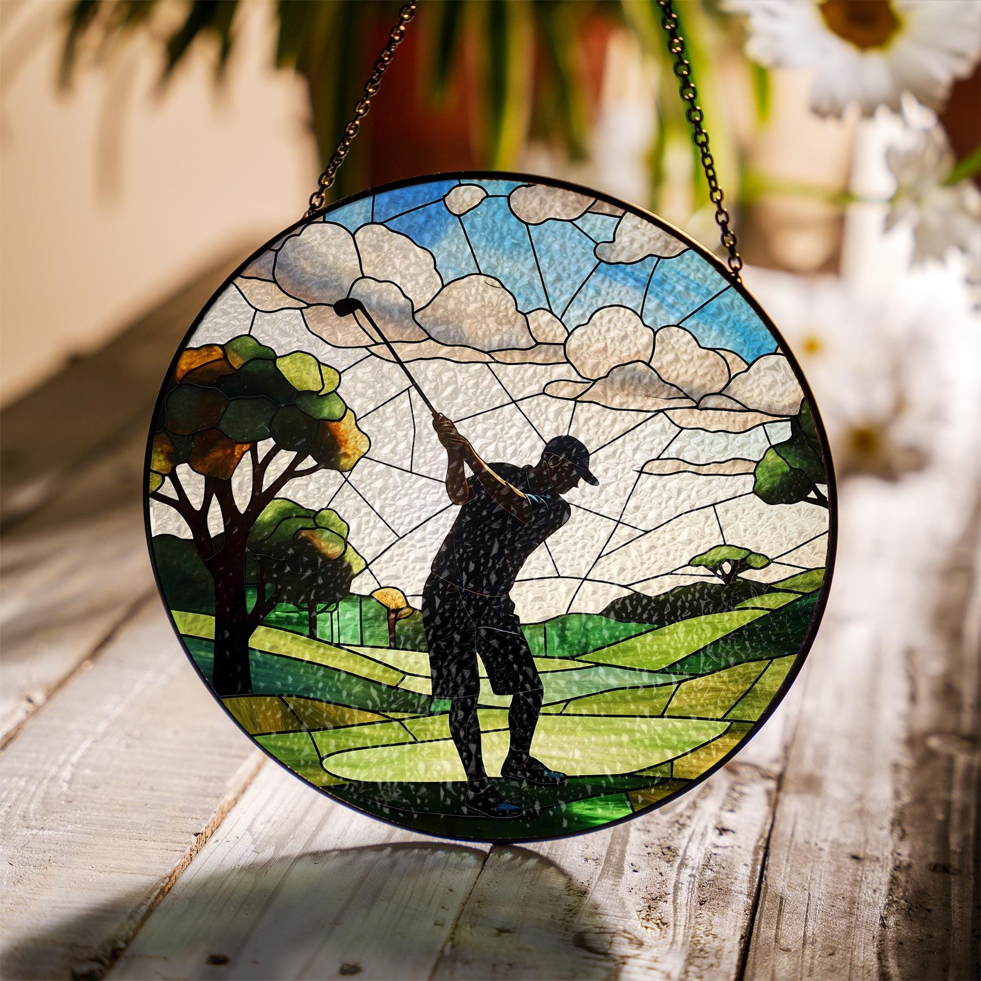 Dad Playing Golf Glass Suncatcher – Father’s Day Gift, Golf Lover Decor, Sports Window Hanging, Dad Gift Idea, Unique Golf Art for Dad