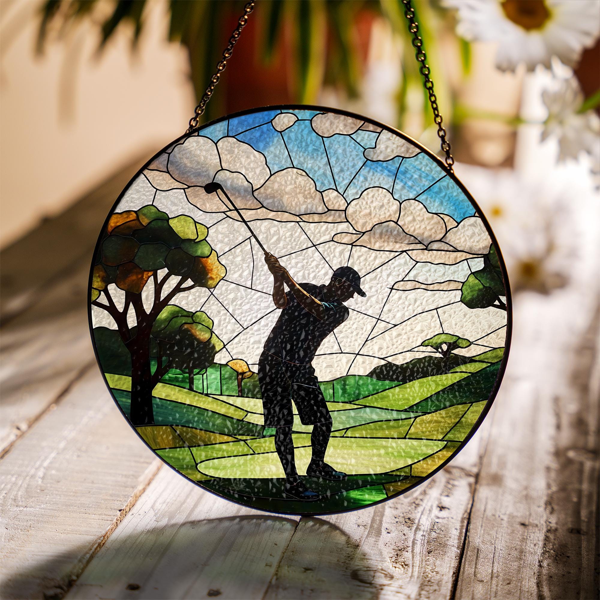 Dad Playing Golf Glass Suncatcher – Father’s Day Gift, Golf Lover Decor, Sports Window Hanging, Dad Gift Idea, Unique Golf Art for Dad