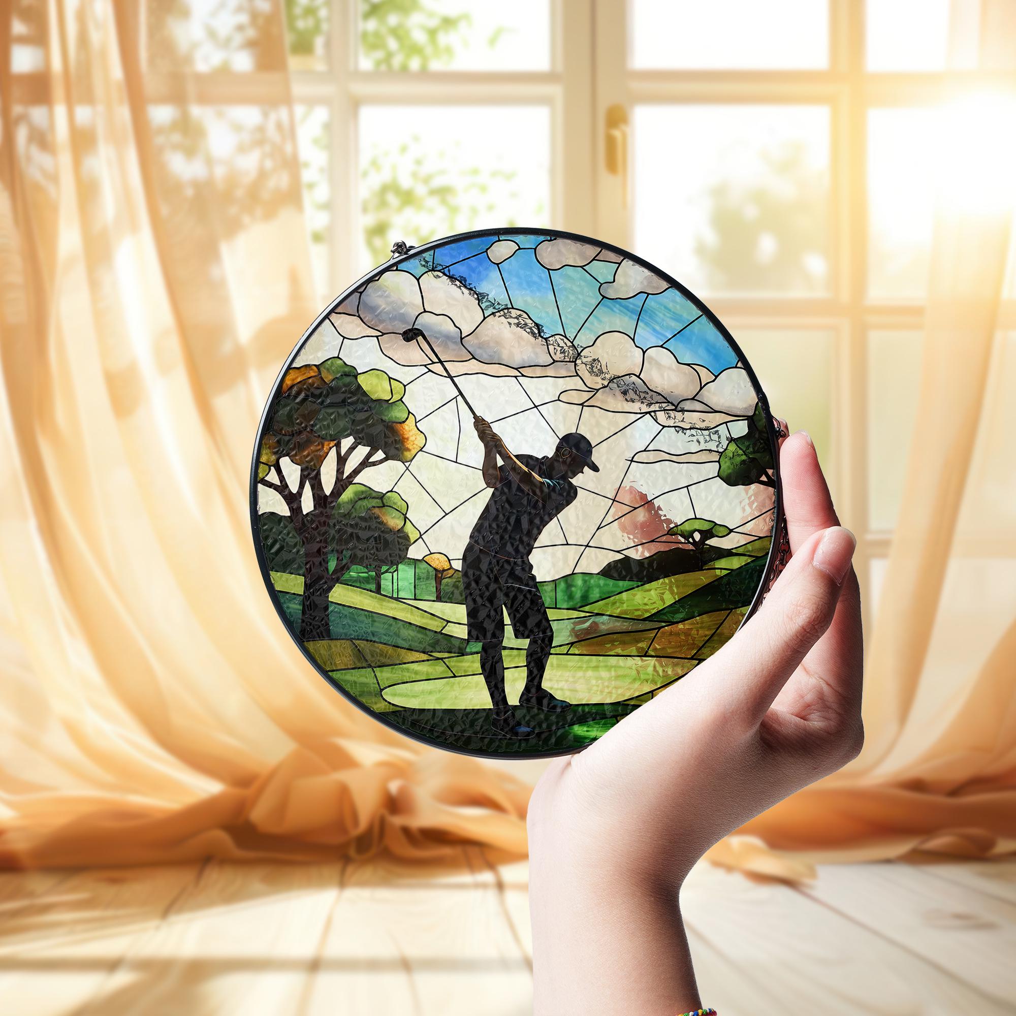 Dad Playing Golf Glass Suncatcher – Father’s Day Gift, Golf Lover Decor, Sports Window Hanging, Dad Gift Idea, Unique Golf Art for Dad