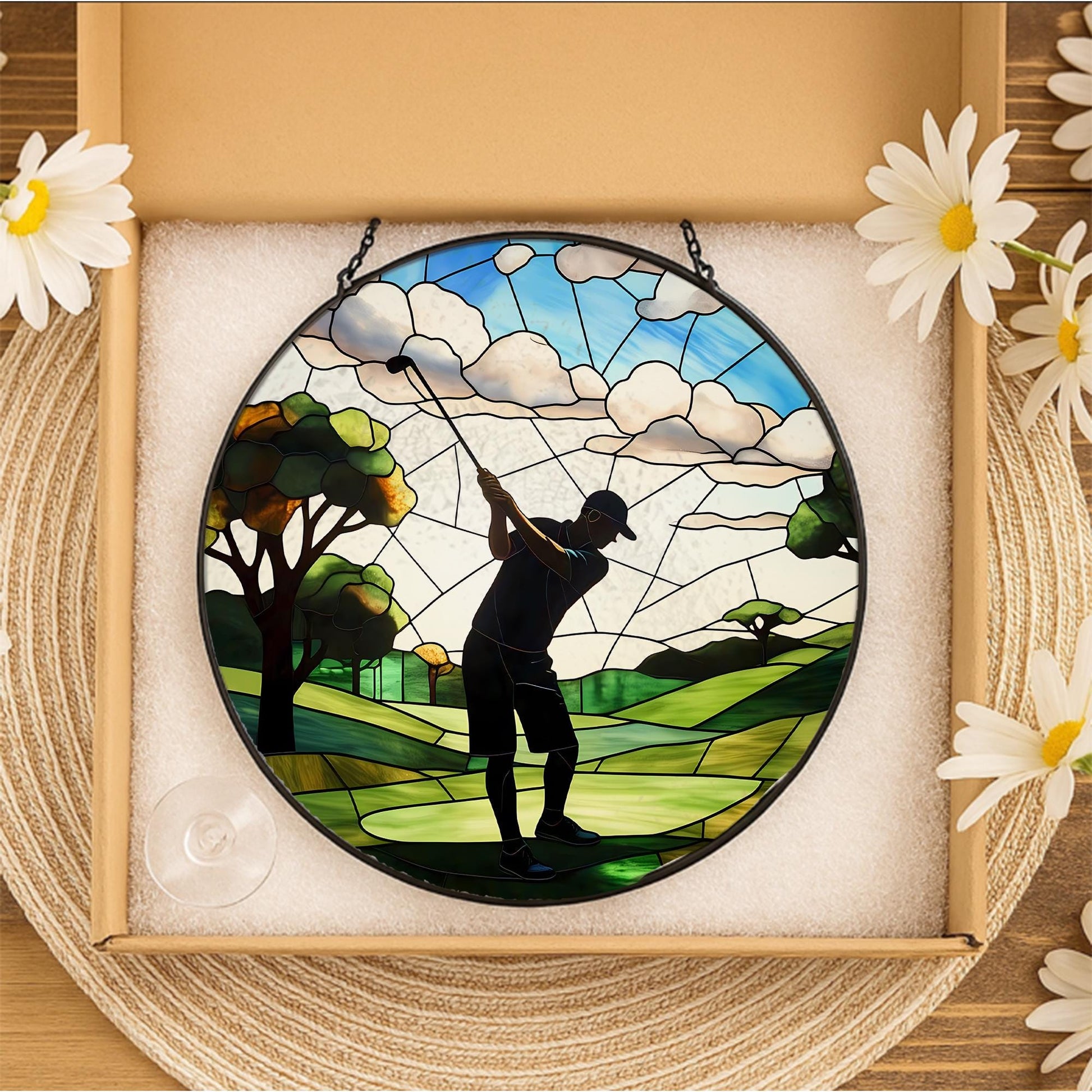 Dad Playing Golf Glass Suncatcher – Father’s Day Gift, Golf Lover Decor, Sports Window Hanging, Dad Gift Idea, Unique Golf Art for Dad